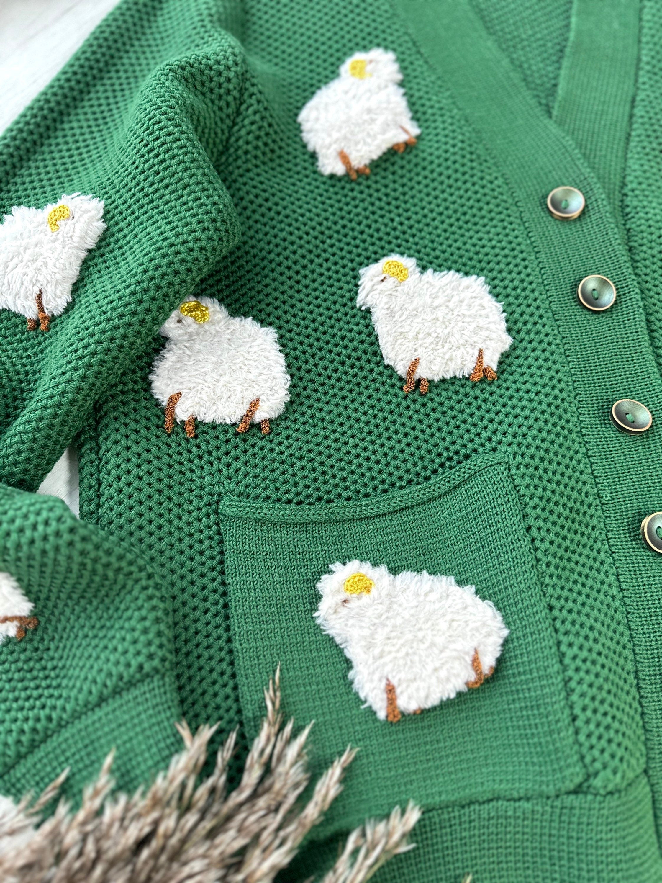 Knitted Green Sheep Cardigan for women Chunky knit cardigan patch pockets White Sheep Cute Sweater Sheep Pattern Short cardigan with buttons