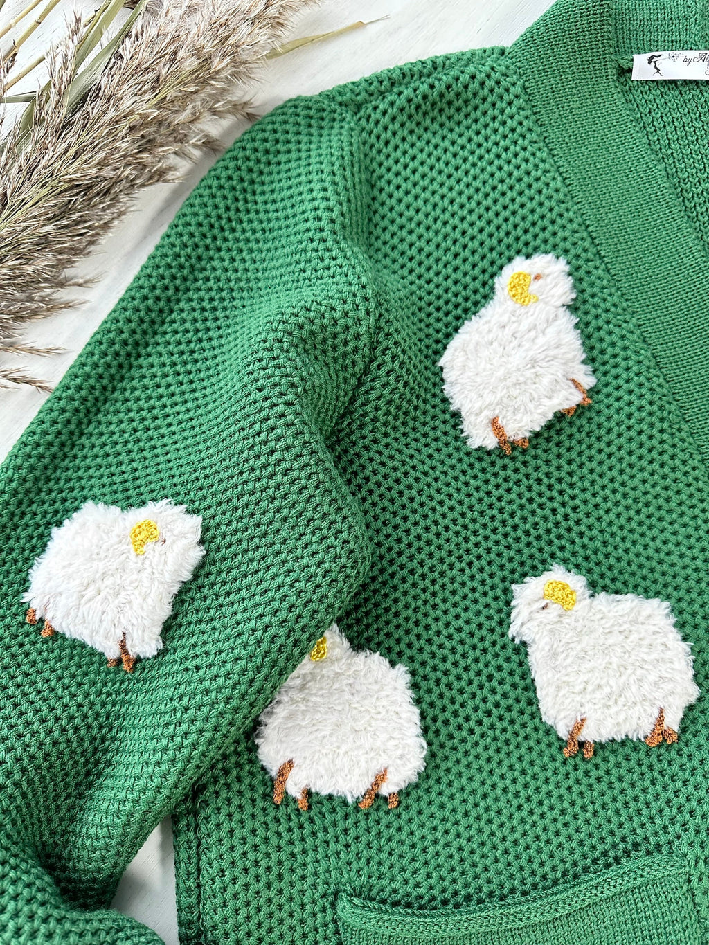Knitted Green Sheep Cardigan for women Chunky knit cardigan patch pockets White Sheep Cute Sweater Sheep Pattern Short cardigan with buttons