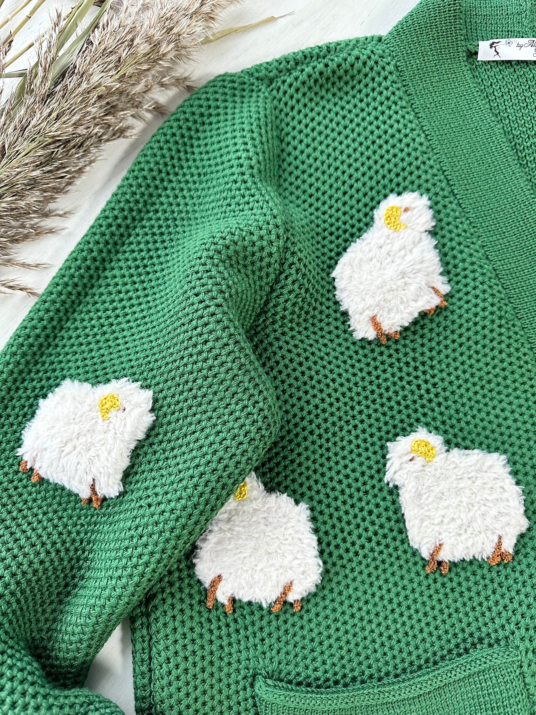 Knitted Green Sheep Cardigan for women Chunky knit cardigan patch pockets White Sheep Cute Sweater Sheep Pattern Short cardigan with buttons