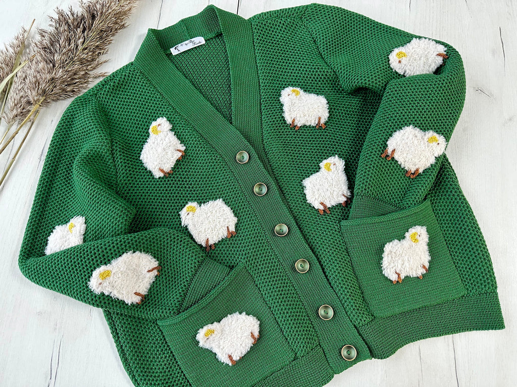 Knitted Green Sheep Cardigan for women Chunky knit cardigan patch pockets White Sheep Cute Sweater Sheep Pattern Short cardigan with buttons