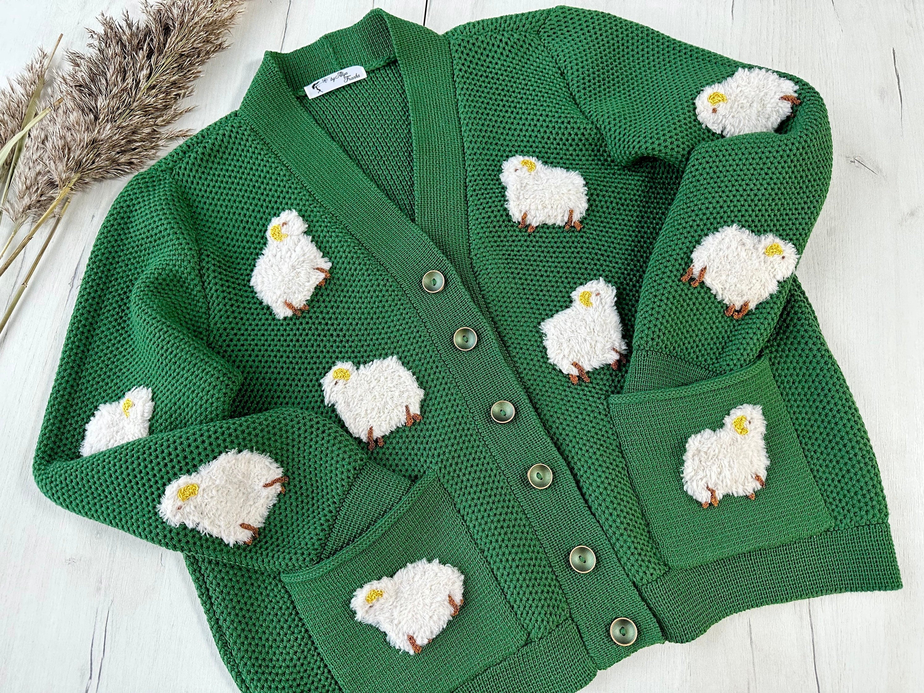 Knitted Green Sheep Cardigan for women Chunky knit cardigan patch pockets White Sheep Cute Sweater Sheep Pattern Short cardigan with buttons