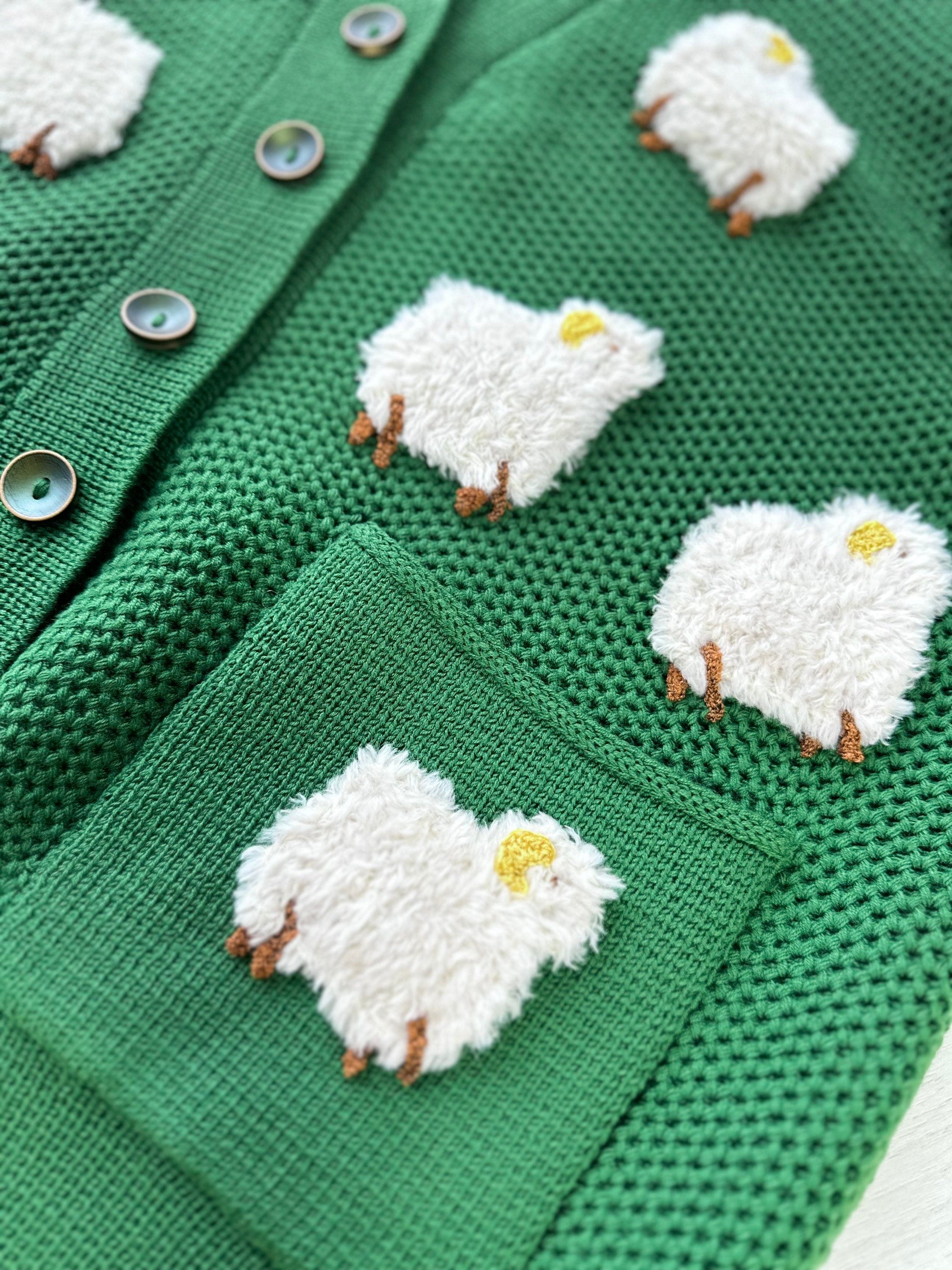 Knitted Green Sheep Cardigan for women Chunky knit cardigan patch pockets White Sheep Cute Sweater Sheep Pattern Short cardigan with buttons
