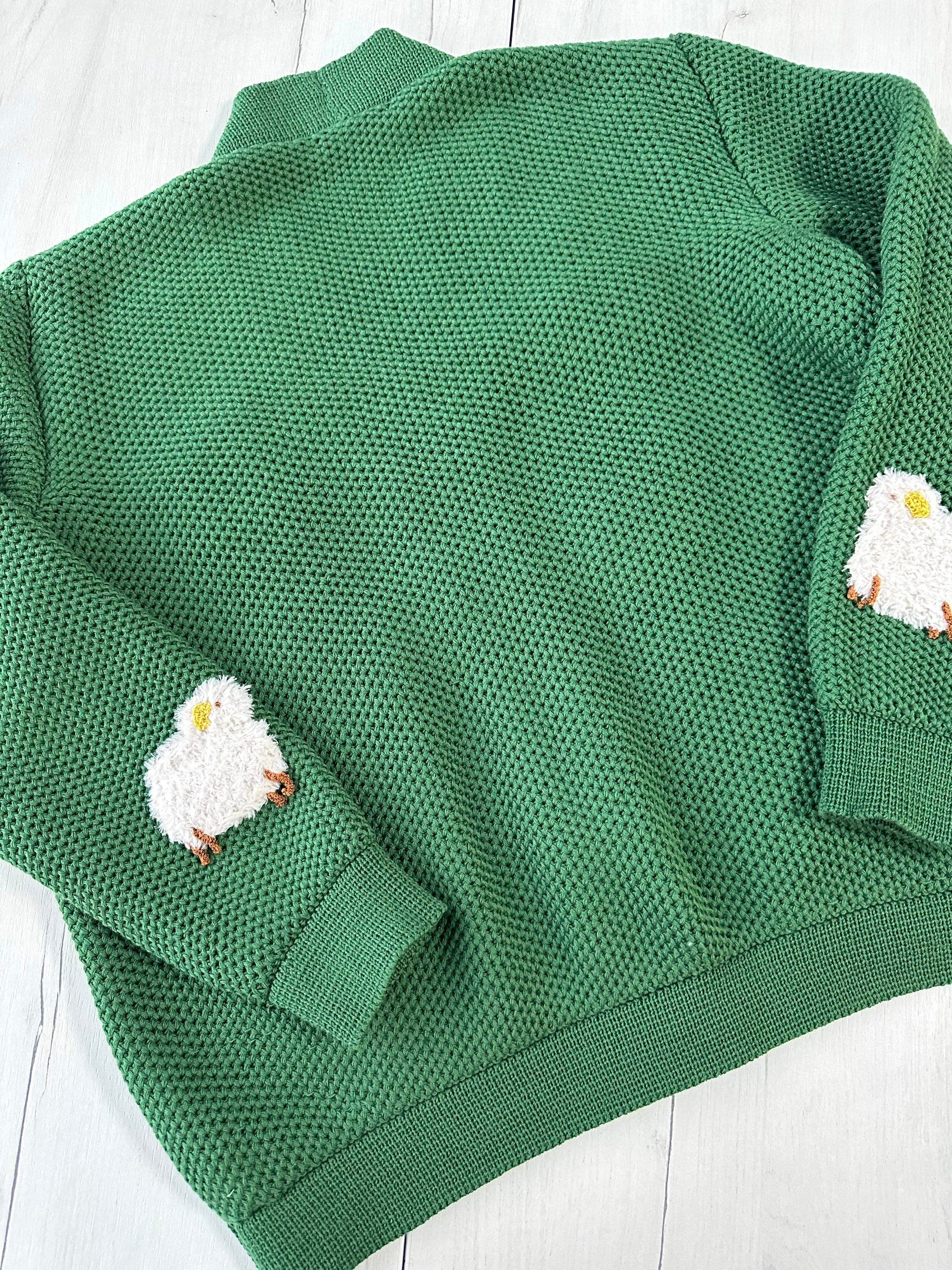 Knitted Green Sheep Cardigan for women Chunky knit cardigan patch pockets White Sheep Cute Sweater Sheep Pattern Short cardigan with buttons