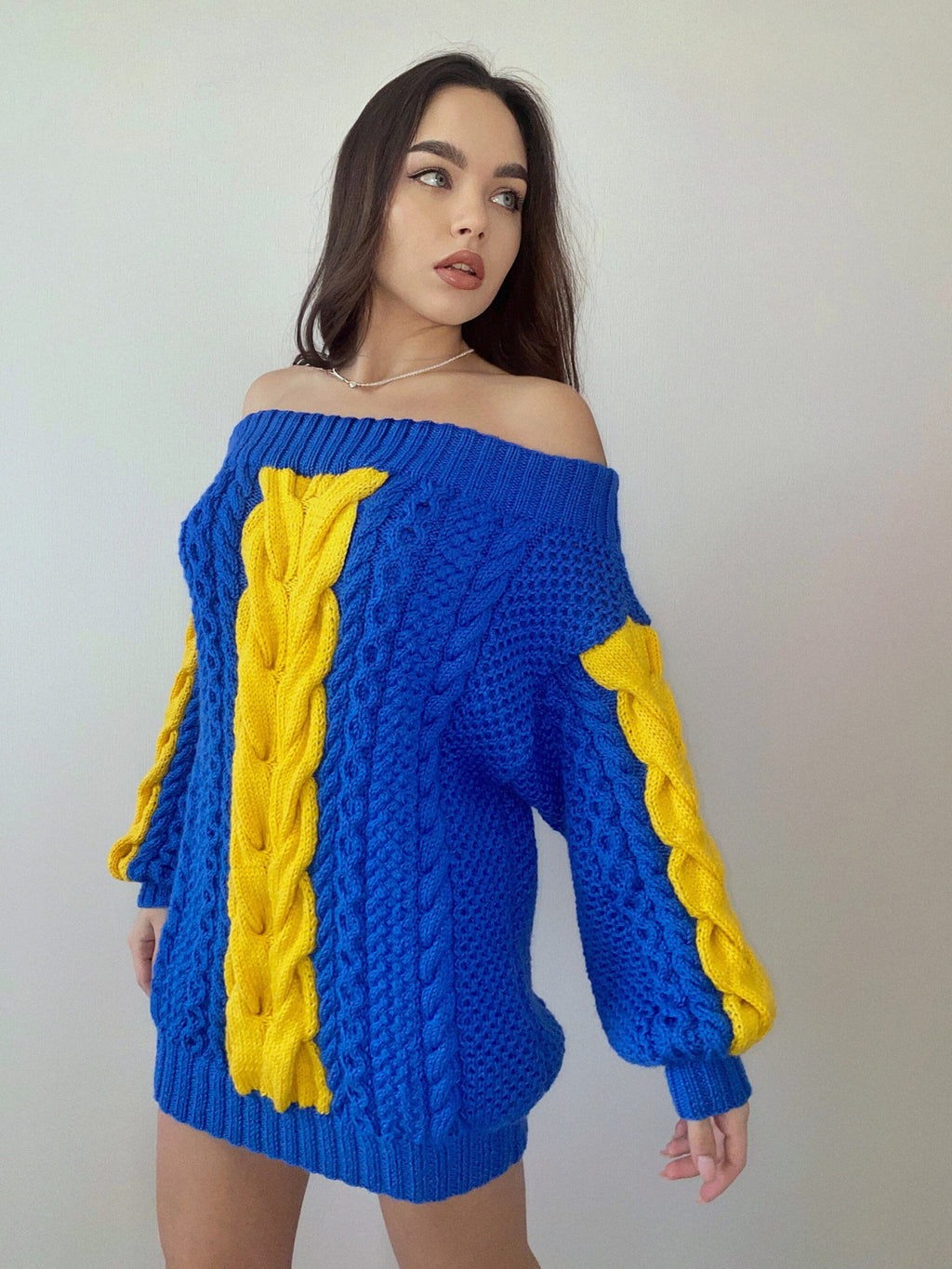 Hand knit sweater dresses for women Blue Yellow cable sweater dress open shoulders Long wool chunky knit braids one shoulder pullover