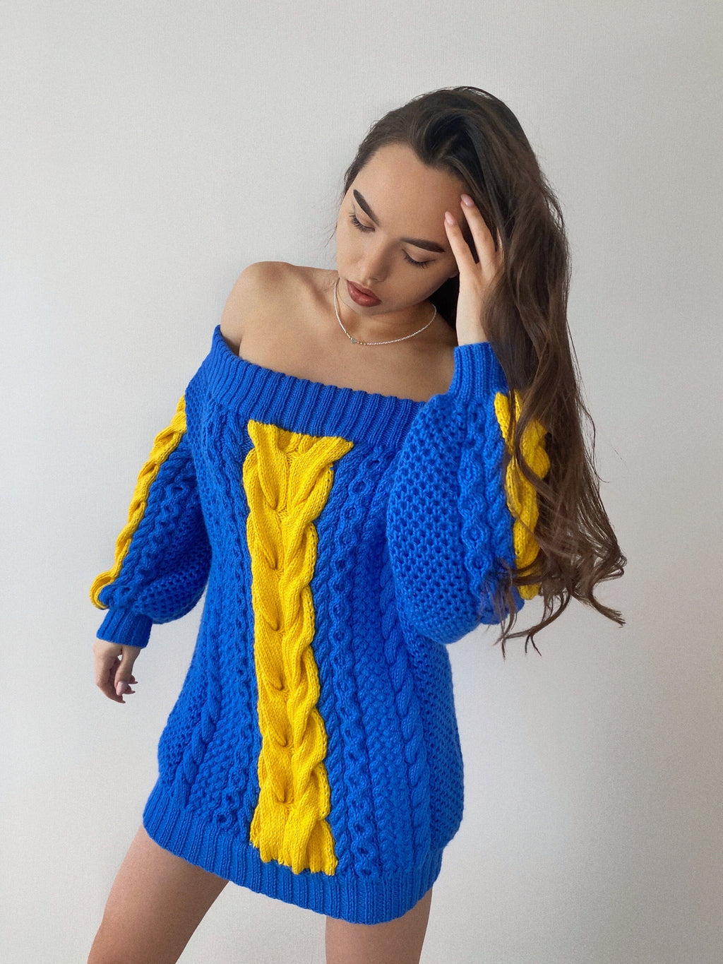 Hand knit sweater dresses for women Blue Yellow cable sweater dress open shoulders Long wool chunky knit braids one shoulder pullover