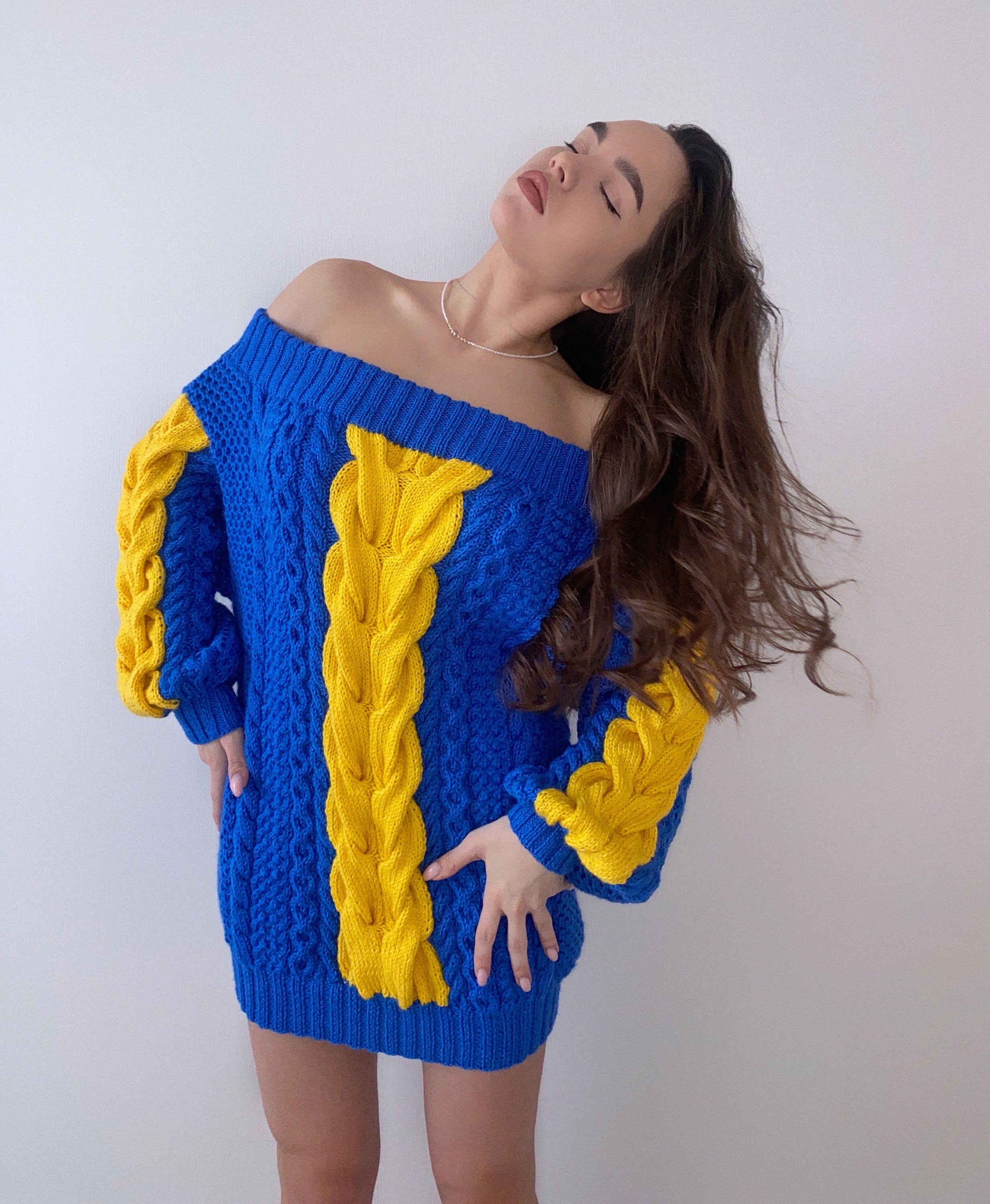 Hand knit sweater dresses for women Blue Yellow cable sweater dress open shoulders Long wool chunky knit braids one shoulder pullover