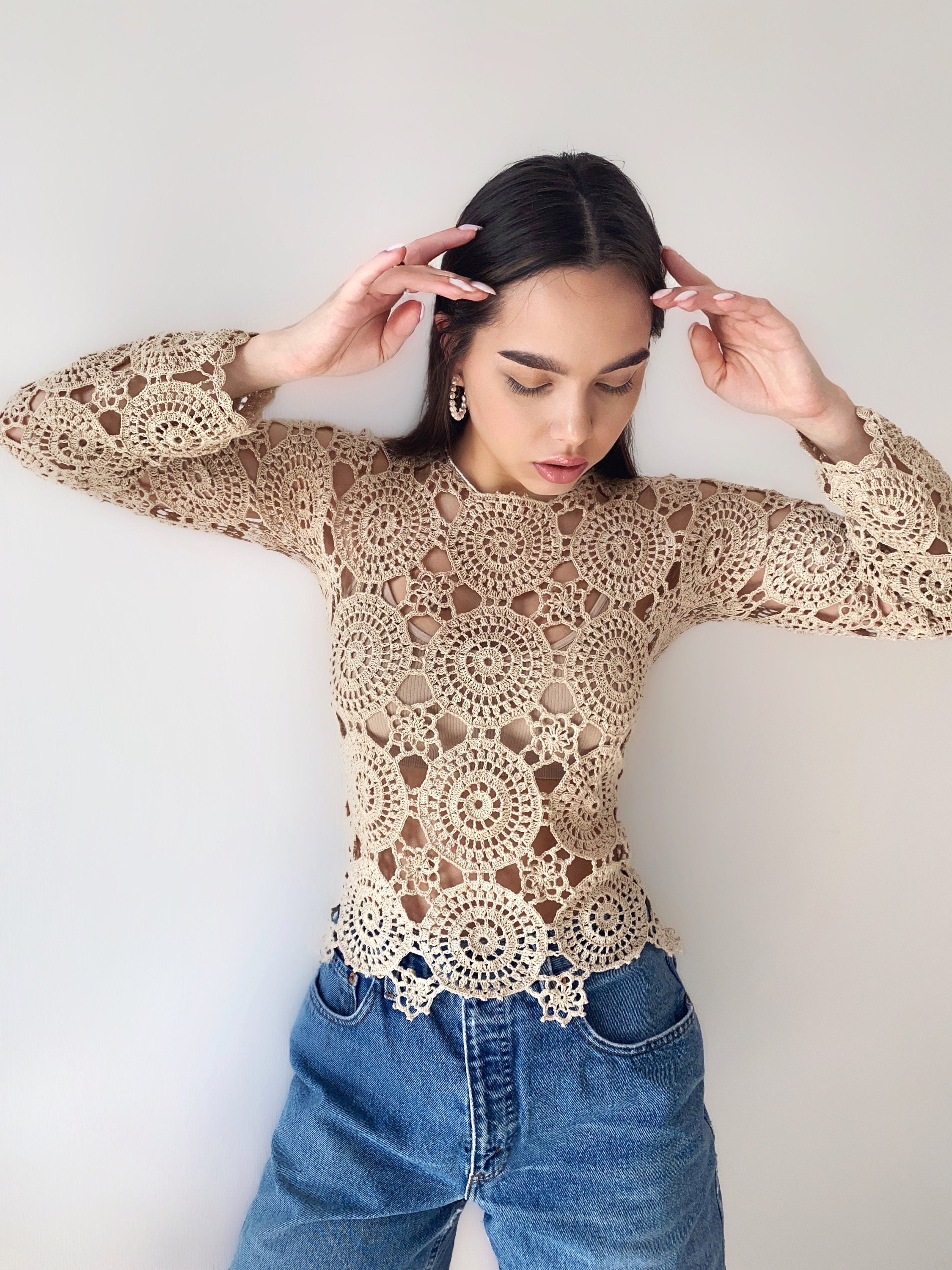 Cotton beige lace crochet blouse top Crochet crop summer sweater Vintage pastel lace Long sleeve top 70s Boho Women Knit blouse gift for her
