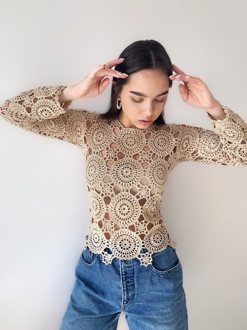 Cotton beige lace crochet blouse top Crochet crop summer sweater Vintage pastel lace Long sleeve top 70s Boho Women Knit blouse gift for her