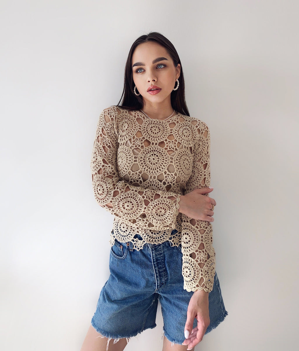 Crochet beige blouse Lace crochet top Crochet sweater Vintage crochet white lace Long sleeve top 70s Boho Women Knit blouse gift for her