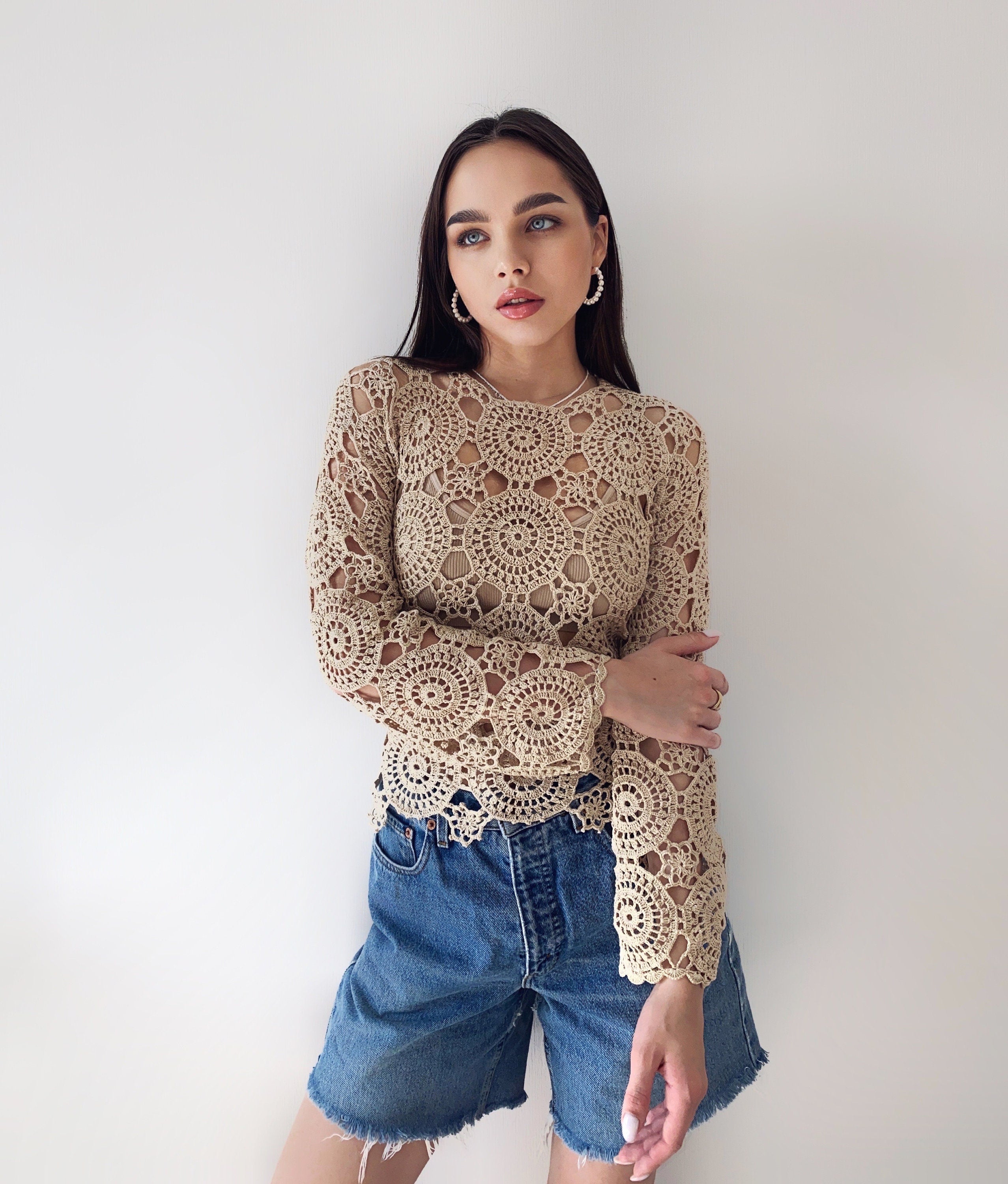 Cotton beige lace crochet blouse top Crochet crop summer sweater Vintage pastel lace Long sleeve top 70s Boho Women Knit blouse gift for her