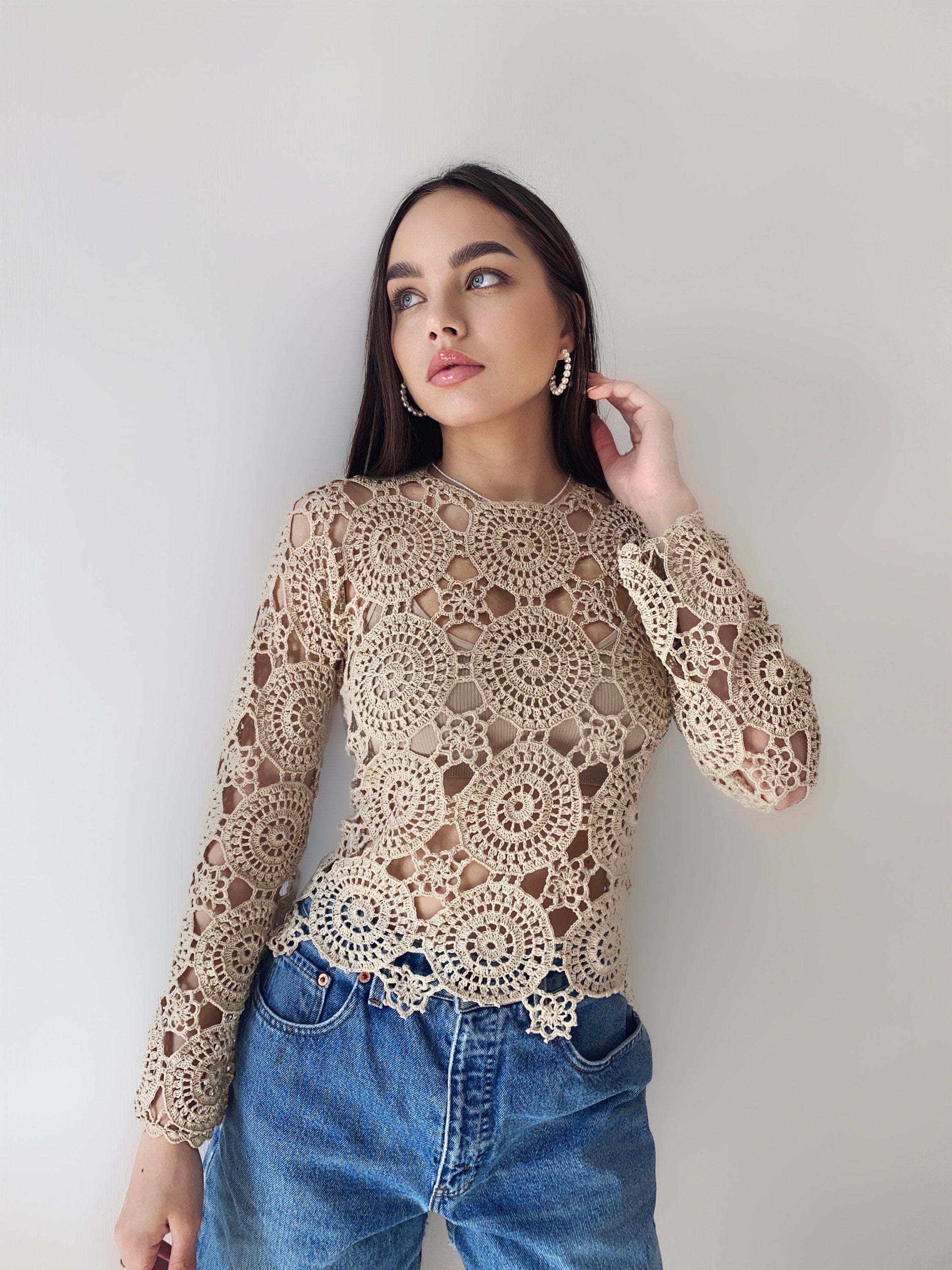 Crochet beige blouse Lace crochet top Crochet sweater Vintage crochet white lace Long sleeve top 70s Boho Women Knit blouse gift for her