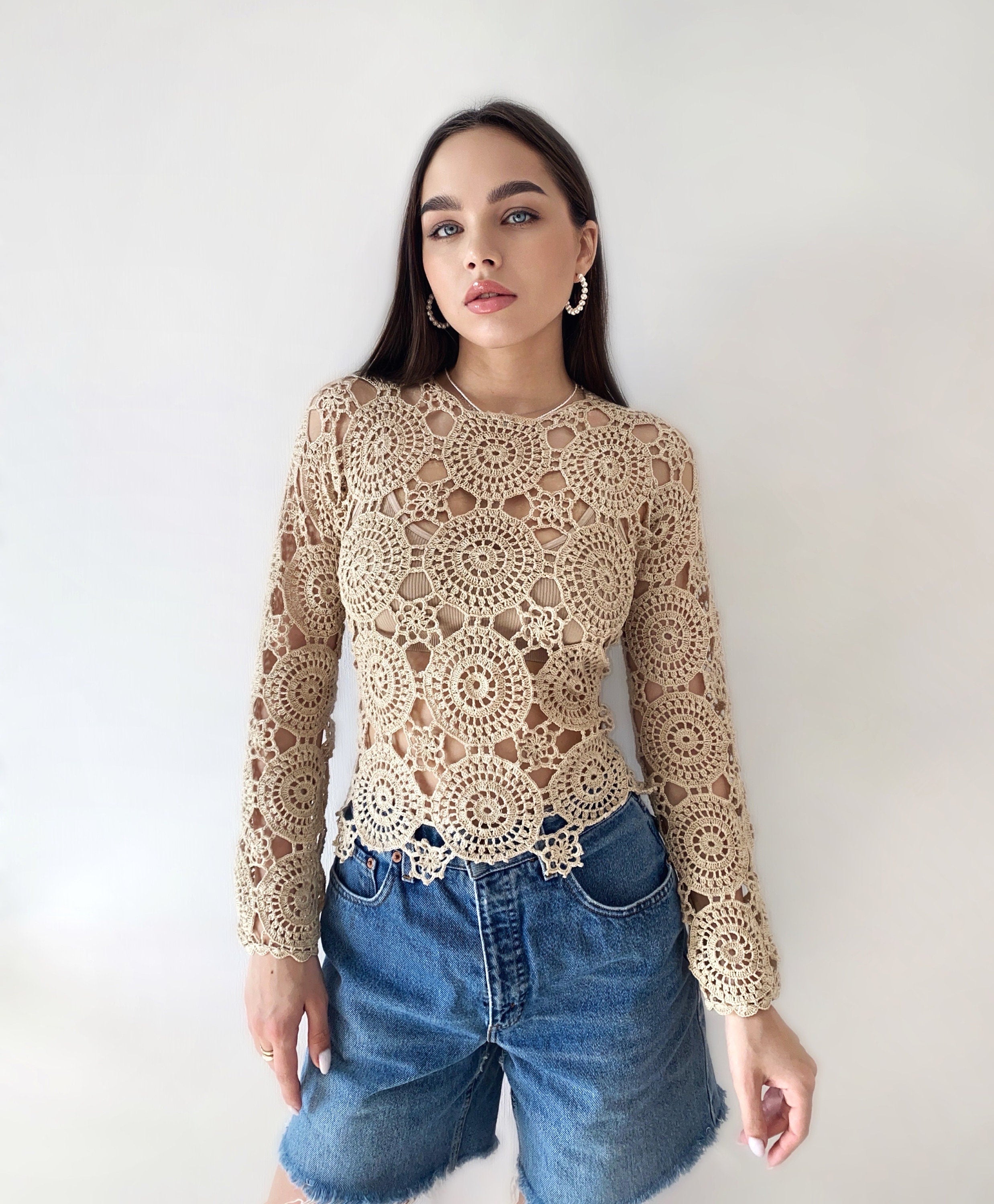 Cotton beige lace crochet blouse top Crochet crop summer sweater Vintage pastel lace Long sleeve top 70s Boho Women Knit blouse gift for her