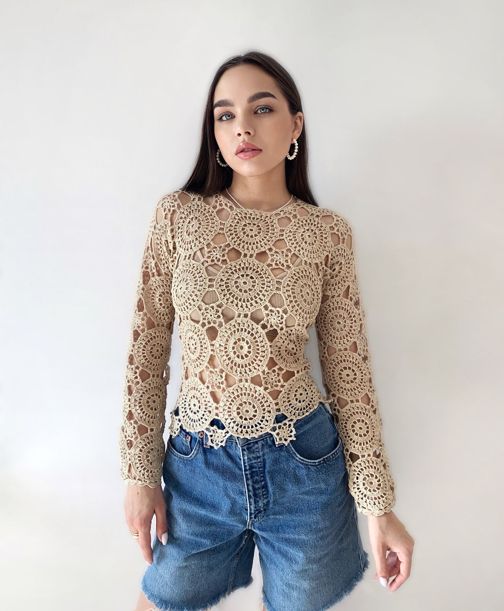 Crochet beige blouse Lace crochet top Crochet sweater Vintage crochet white lace Long sleeve top 70s Boho Women Knit blouse gift for her