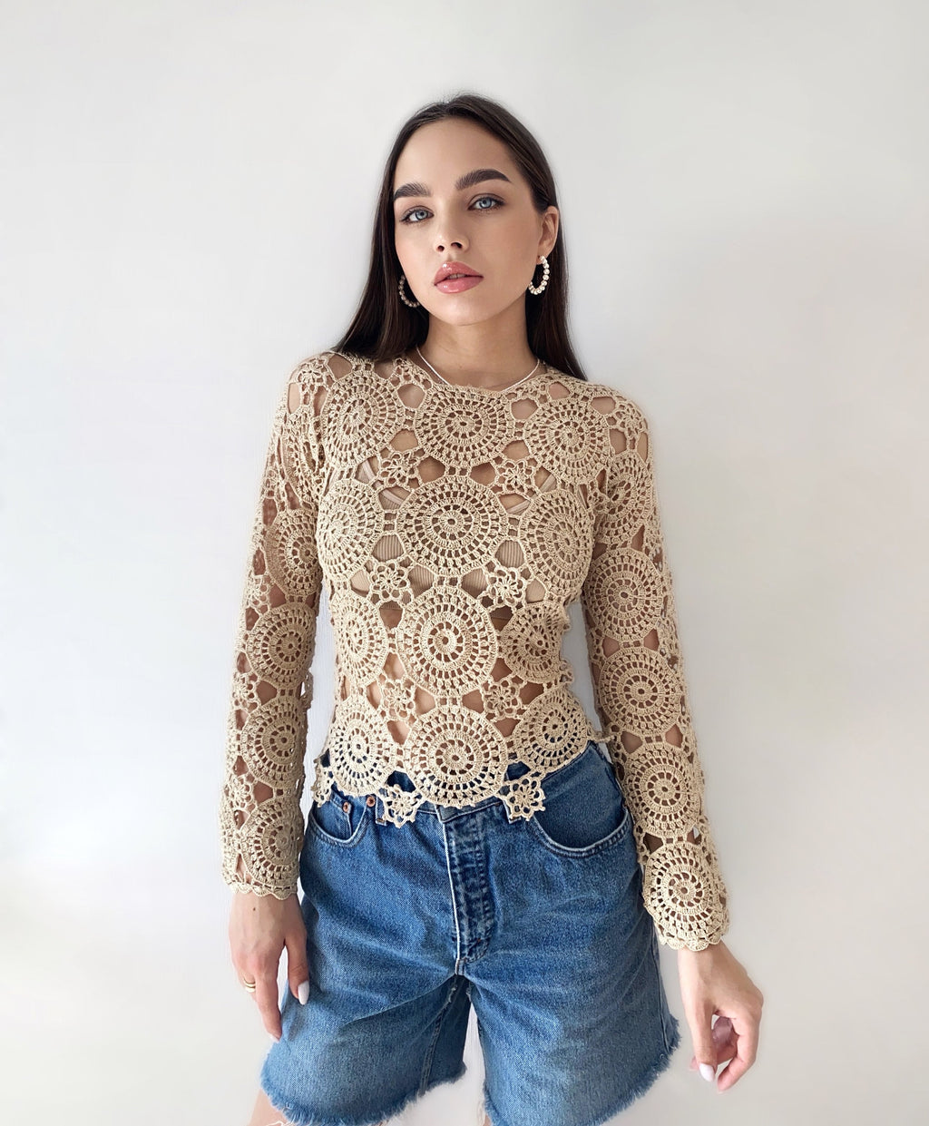 Crochet beige blouse Lace crochet top Crochet sweater Vintage crochet white lace Long sleeve top 70s Boho Women Knit blouse gift for her