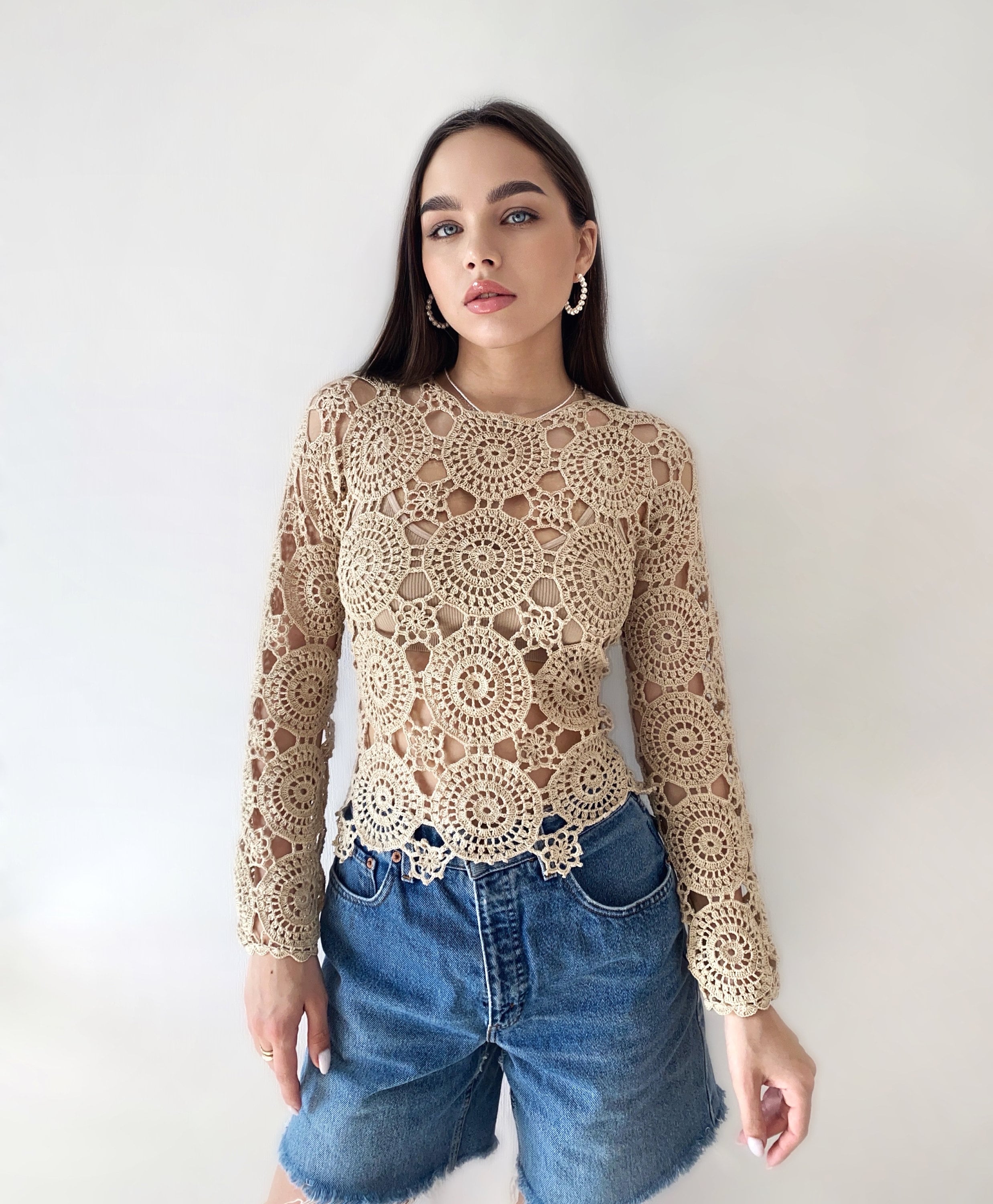 Crochet beige blouse Lace crochet top Crochet sweater Vintage crochet white lace Long sleeve top 70s Boho Women Knit blouse gift for her