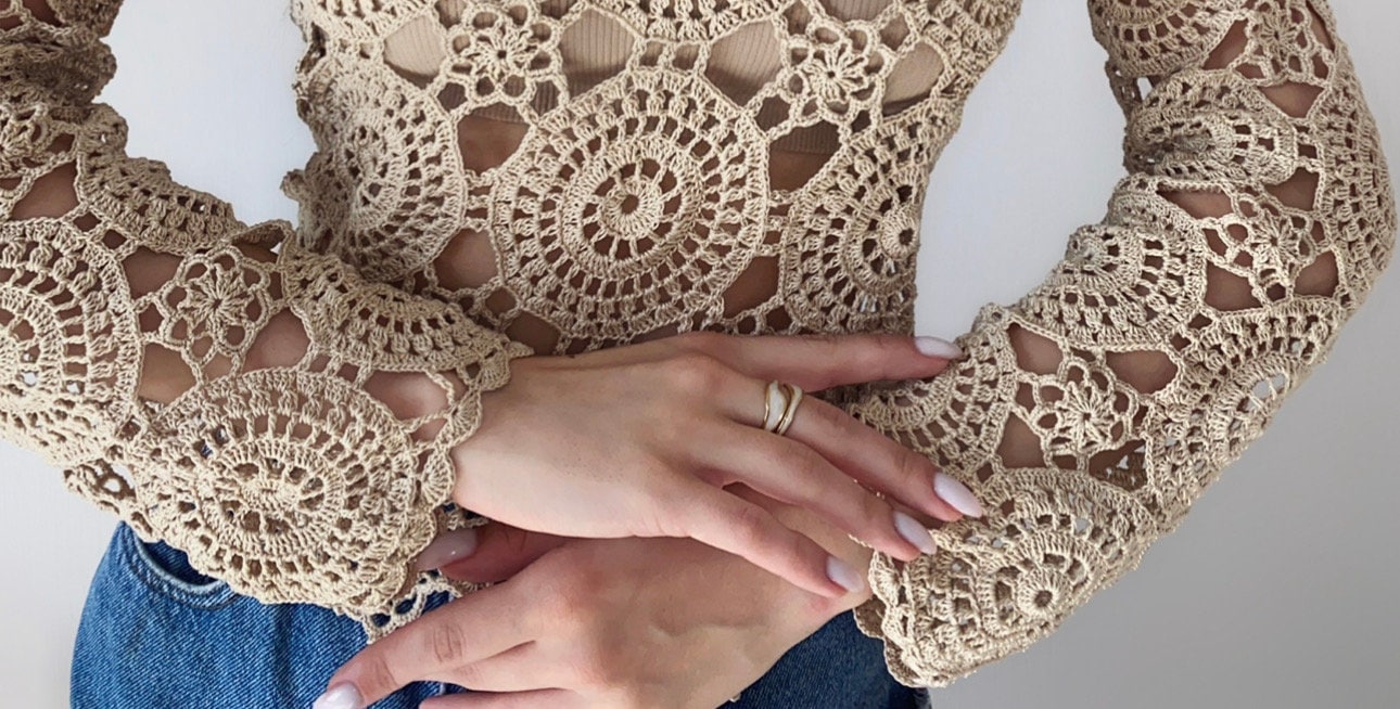 Cotton beige lace crochet blouse top Crochet crop summer sweater Vintage pastel lace Long sleeve top 70s Boho Women Knit blouse gift for her