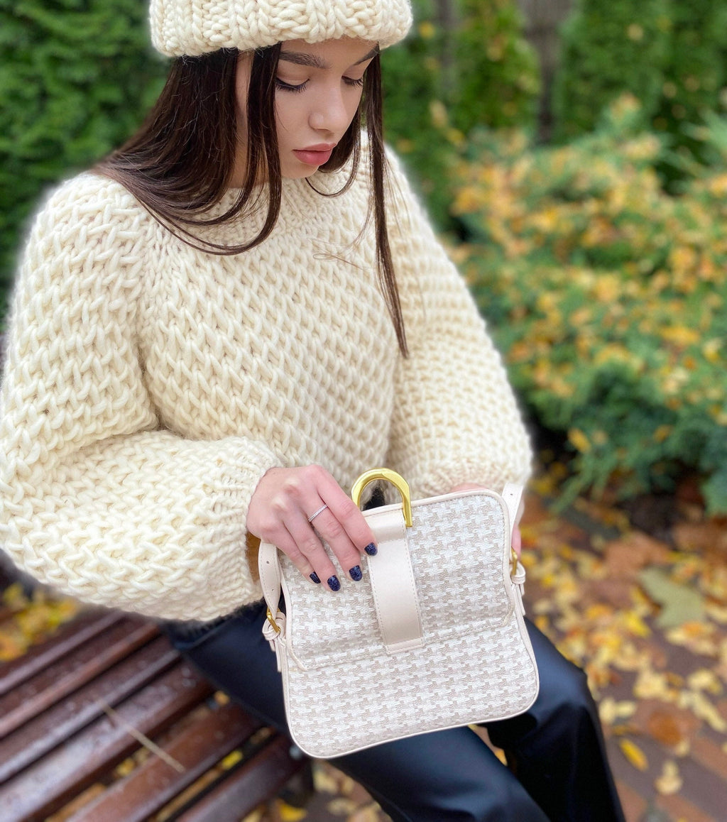 Chunky handknit alpaca wool soft milk sweater + Cable knit hat Hand knit Pastel sweater Cable knit crop pullover