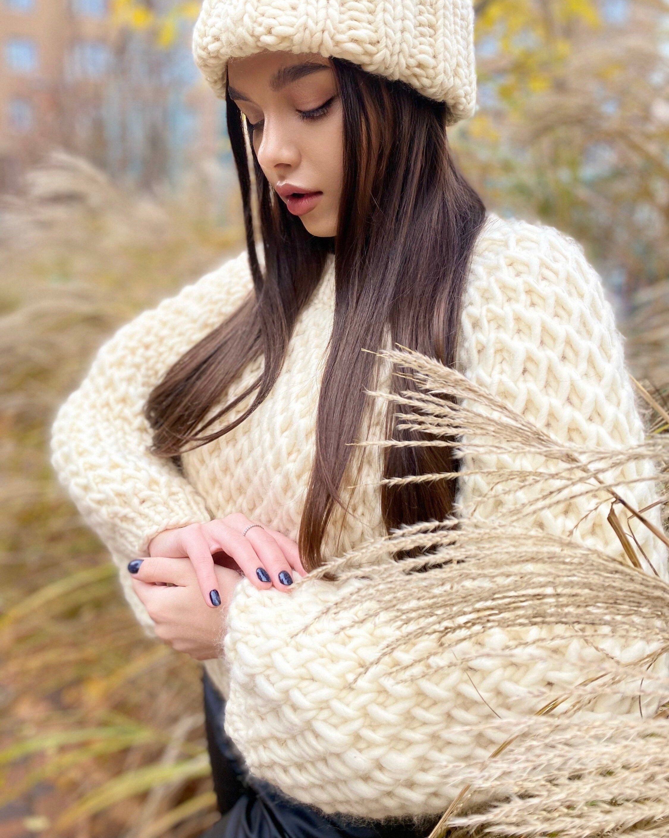 Chunky handknit alpaca wool soft milk sweater + Cable knit hat Hand knit Pastel sweater Cable knit crop pullover