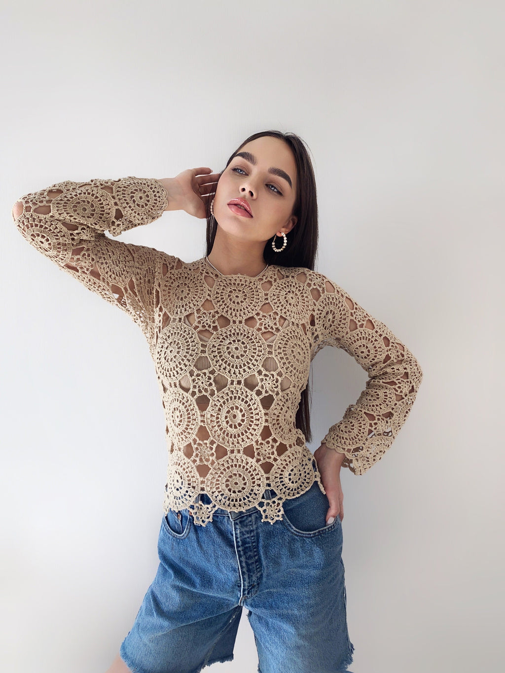 Cotton beige lace crochet blouse top Crochet crop summer sweater Vintage pastel lace Long sleeve top 70s Boho Women Knit blouse gift for her