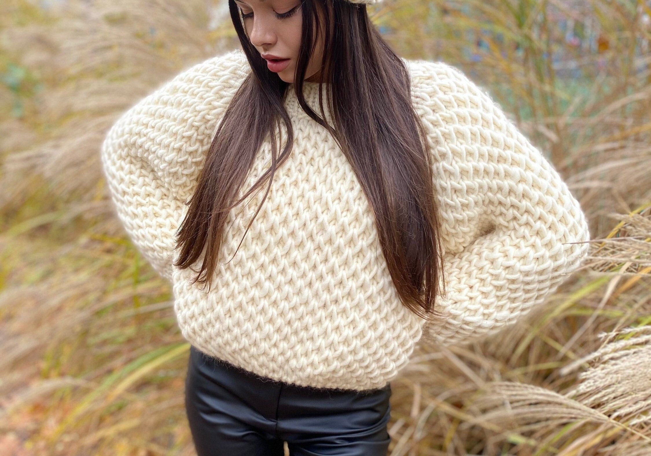 Chunky handknit alpaca wool soft milk sweater + Cable knit hat Hand knit Pastel sweater Cable knit crop pullover