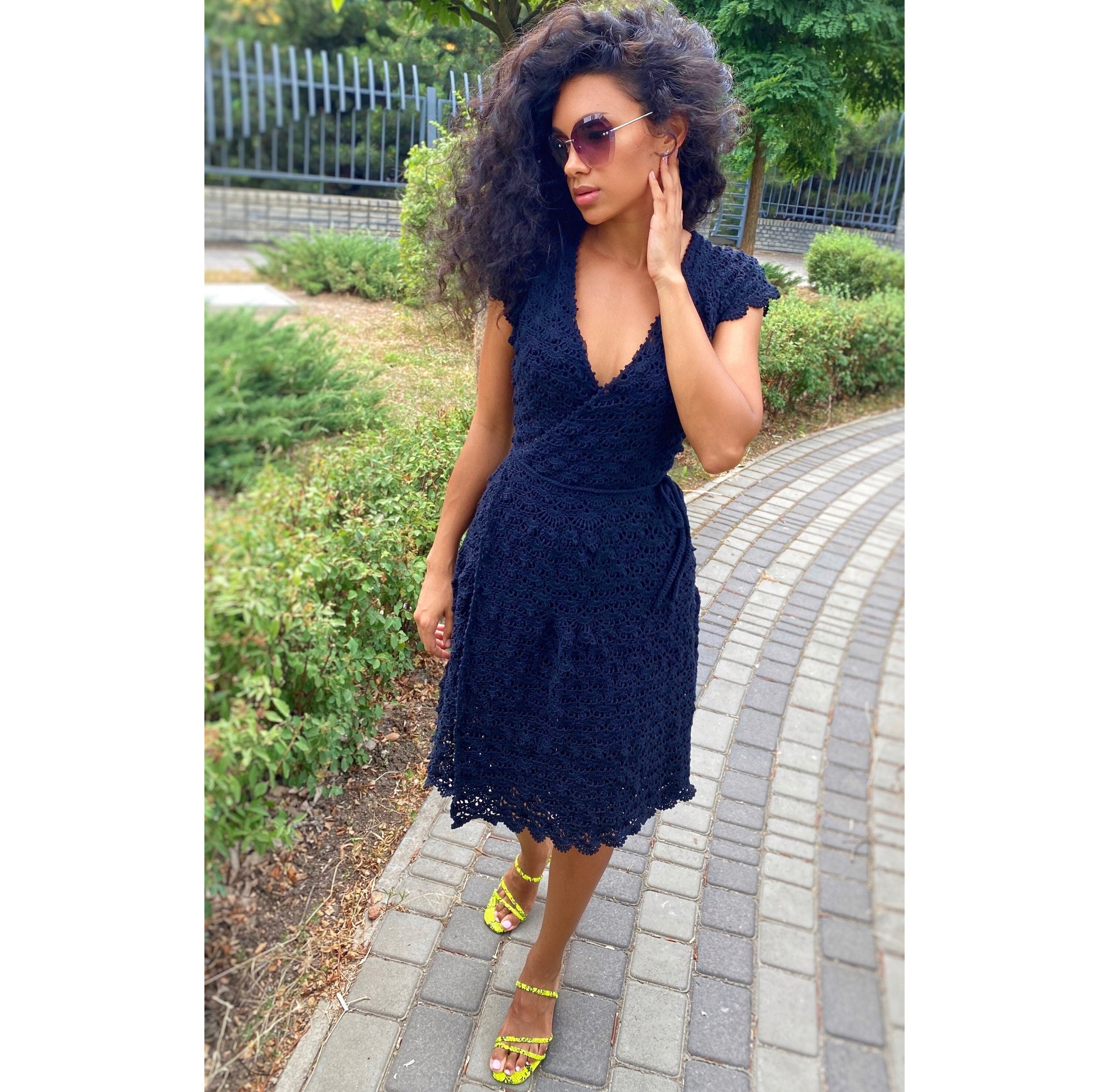 Crochet dress black/boho dress crochet/ Boho Peasant Cotton Tiered Short Sleeve Dress/Womens openwork summer cotton dress/Bohemian Dress