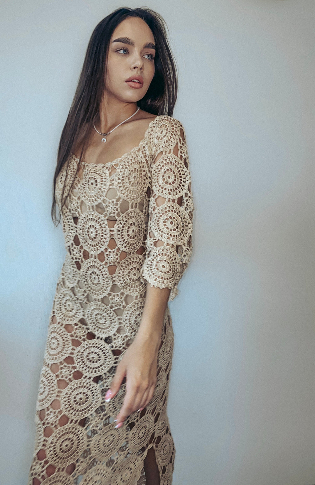 Beach crochet maxi dress for beach wedding Beach cover up Brown beige white midi dress Wedding open back dress Boho maxi summer dress