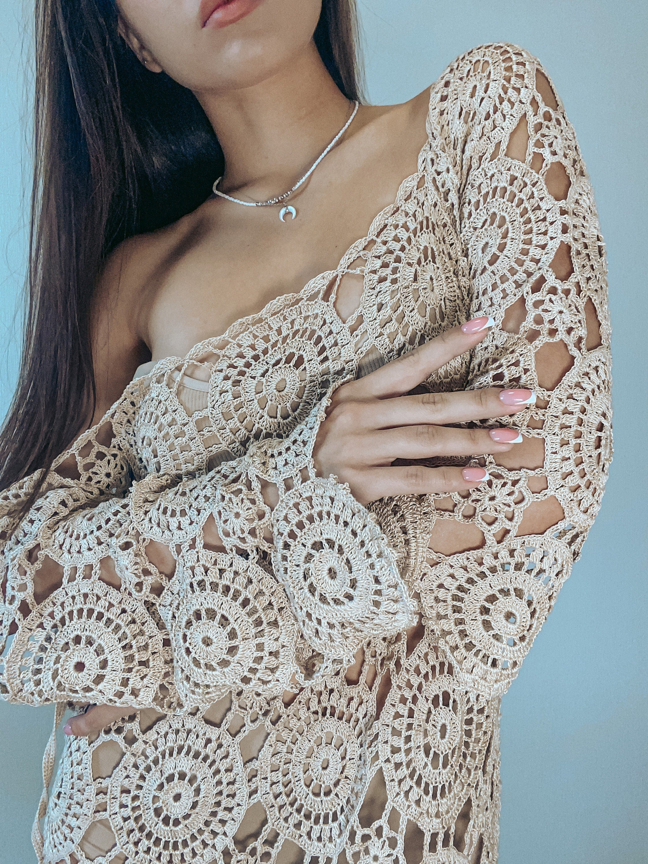 Beach crochet maxi dress for beach wedding Beach cover up Brown beige white midi dress Wedding open back dress Boho maxi summer dress