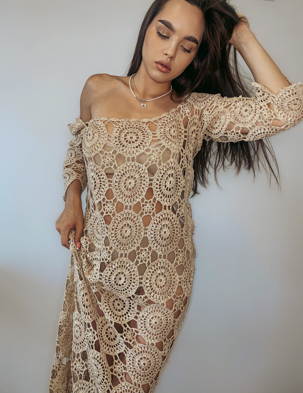 Beach crochet maxi dress for beach wedding Beach cover up Brown beige white midi dress Wedding open back dress Boho maxi summer dress