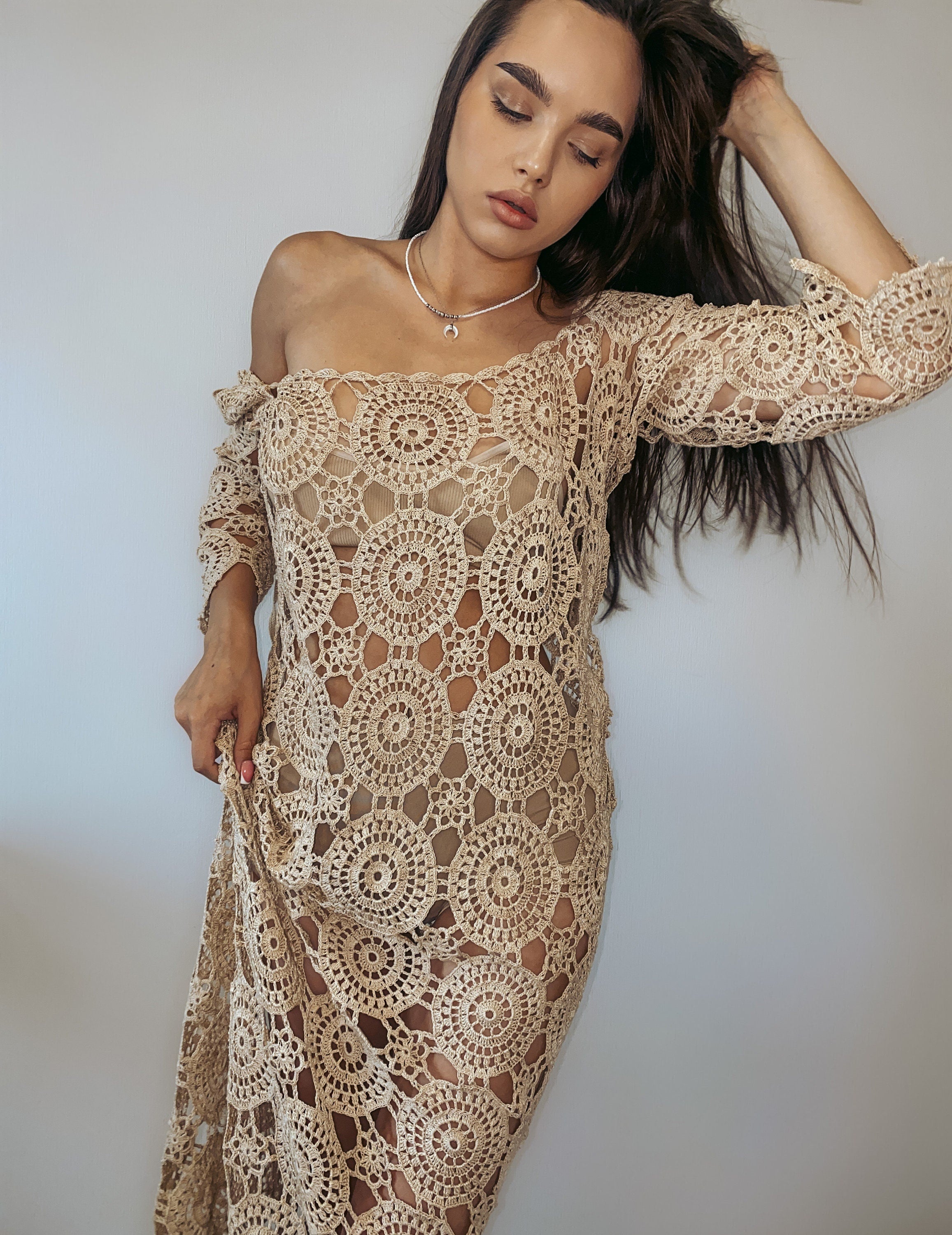 Beach crochet maxi dress for beach wedding Beach cover up Brown beige white midi dress Wedding open back dress Boho maxi summer dress