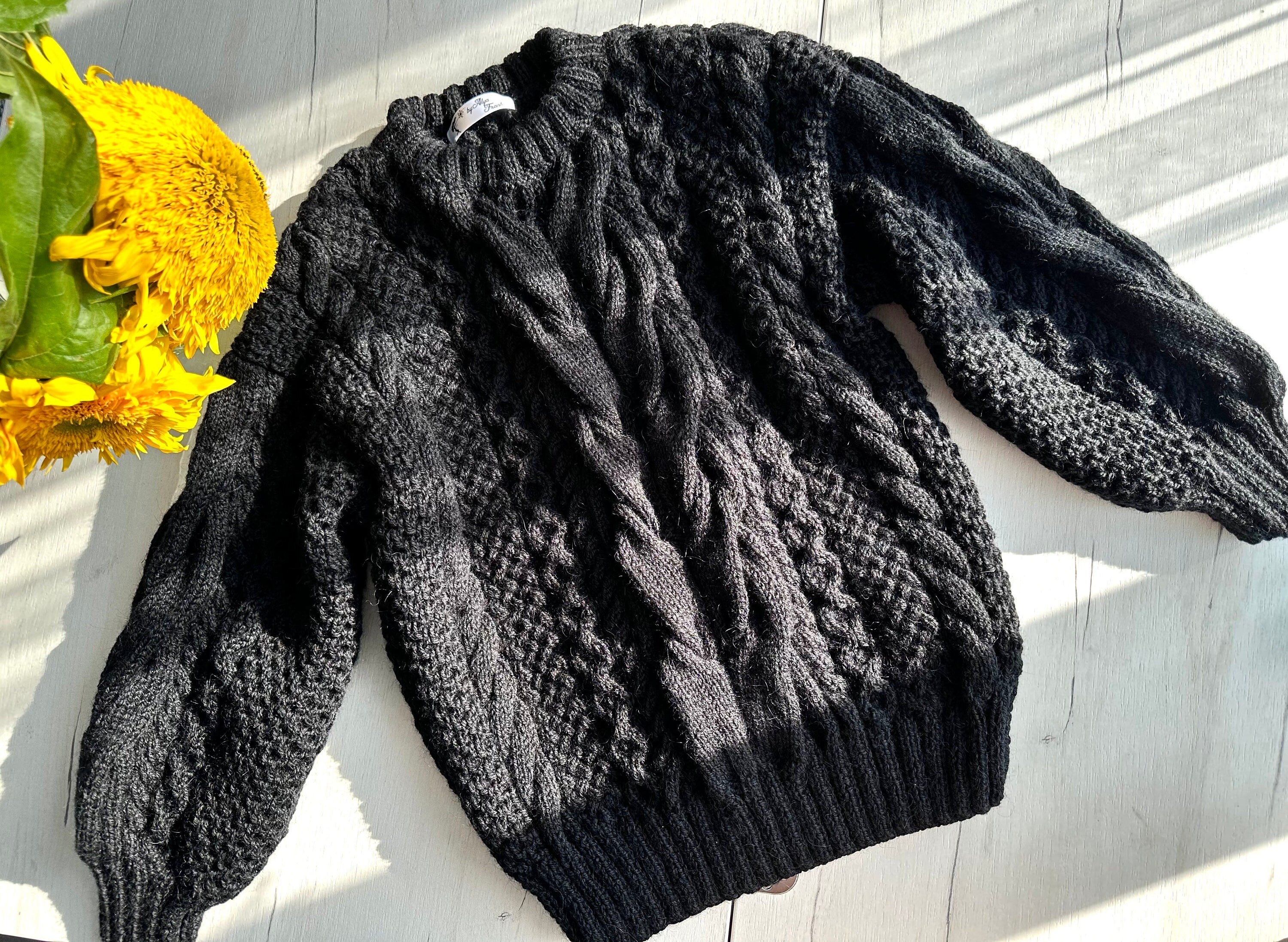 Cable black hand knit merino wool sweater womens Fall vintage sweater Christmas unisex sweater Chunky knit women Warm jumper with braids
