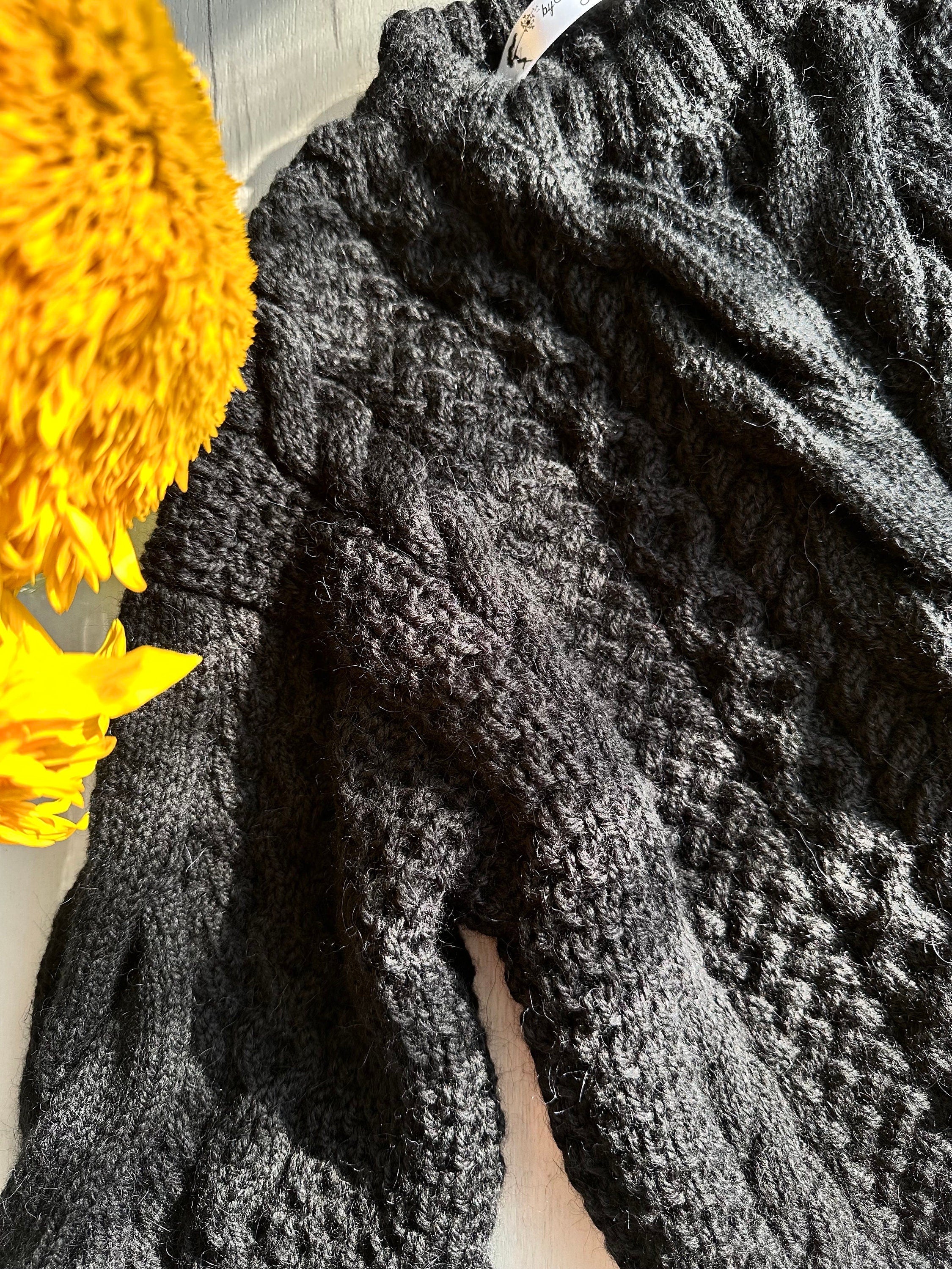 Cable black hand knit merino wool sweater womens Fall vintage sweater Christmas unisex sweater Chunky knit women Warm jumper with braids