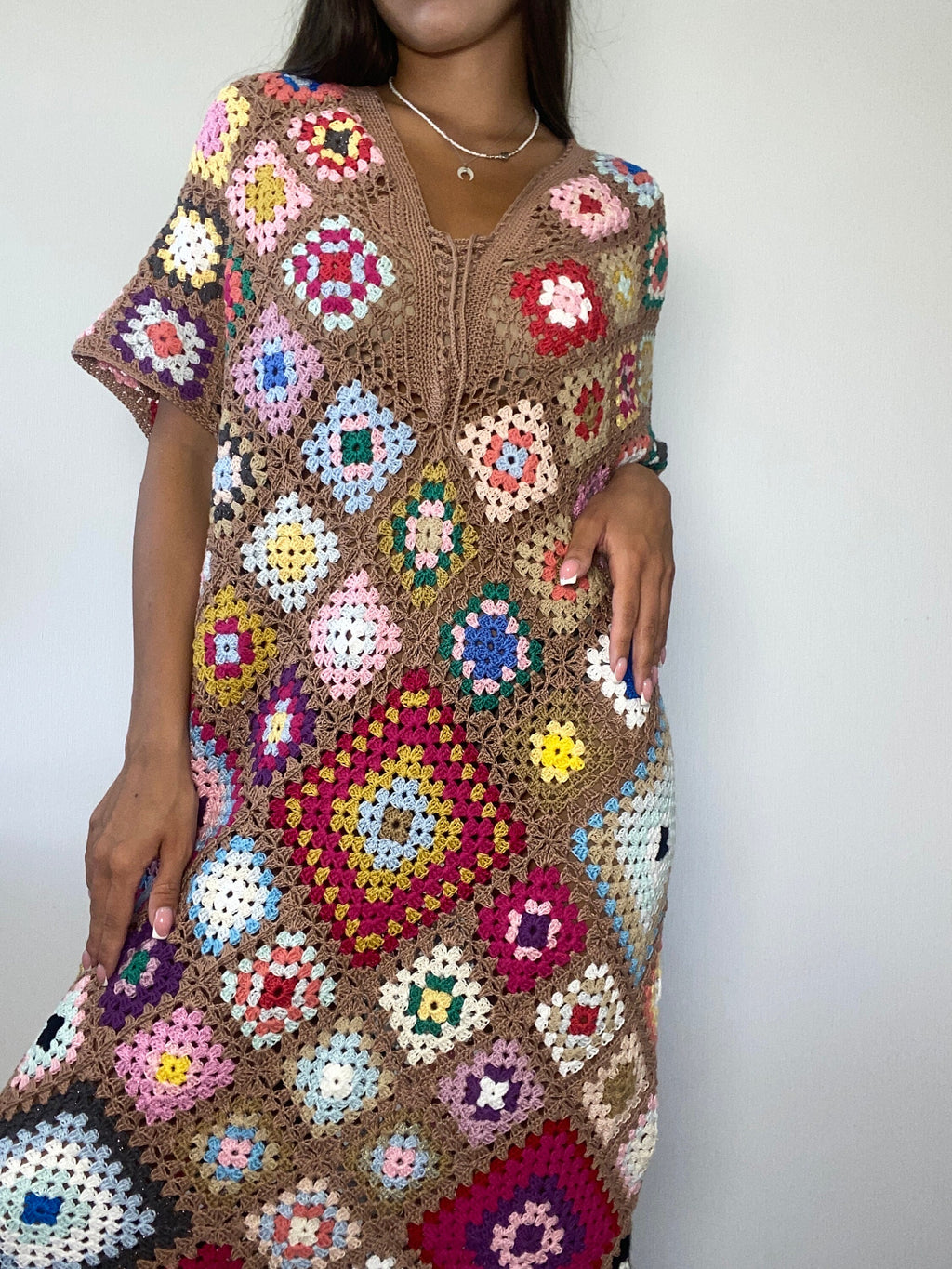 Crochet granny square dresses Crochet afghan dress Boho crochet dress Colorful dress Midi cotton dress Festival Clothing Vintage Style Dres