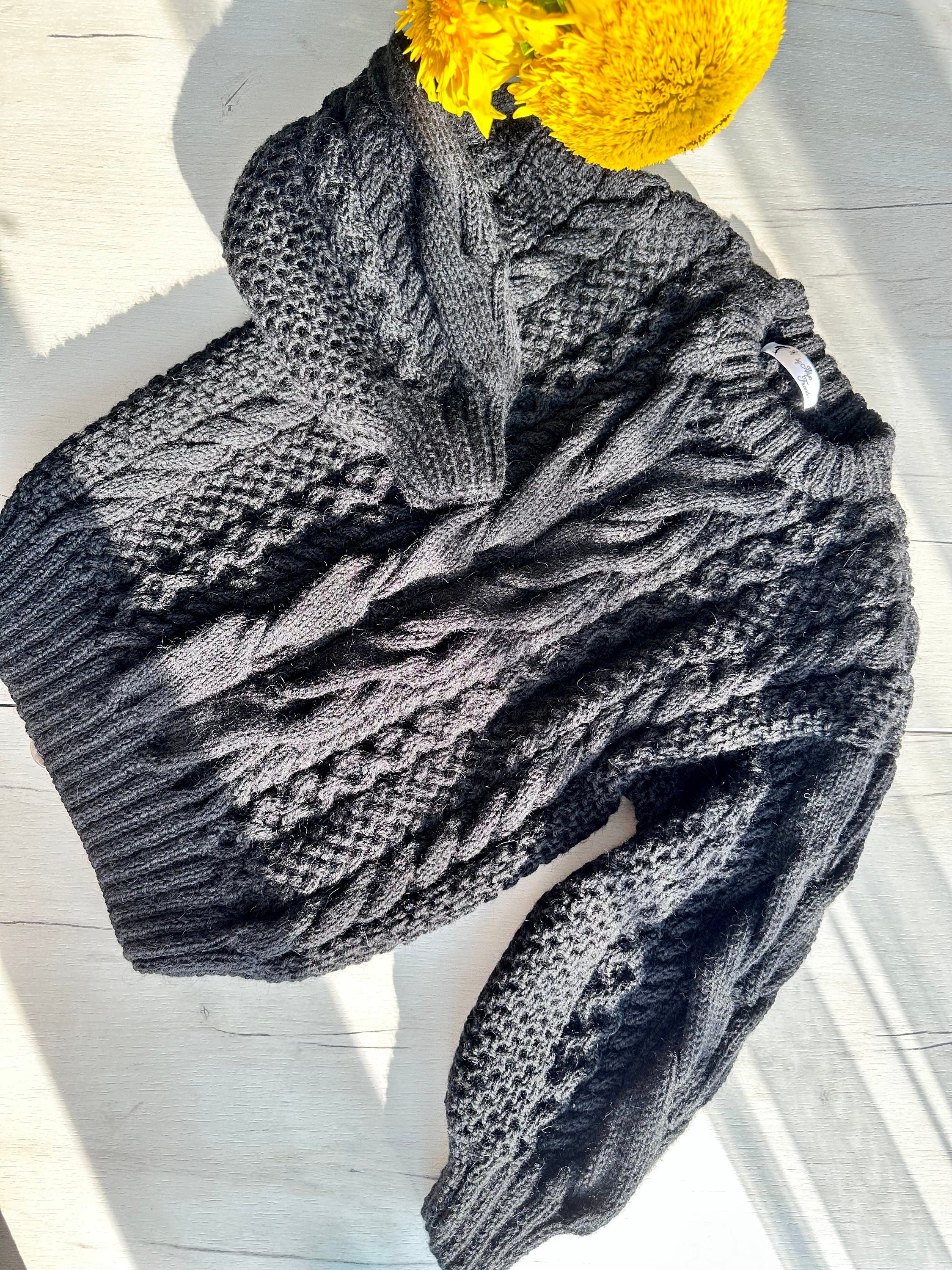 Cable black hand knit merino wool sweater womens Fall vintage sweater Christmas unisex sweater Chunky knit women Warm jumper with braids