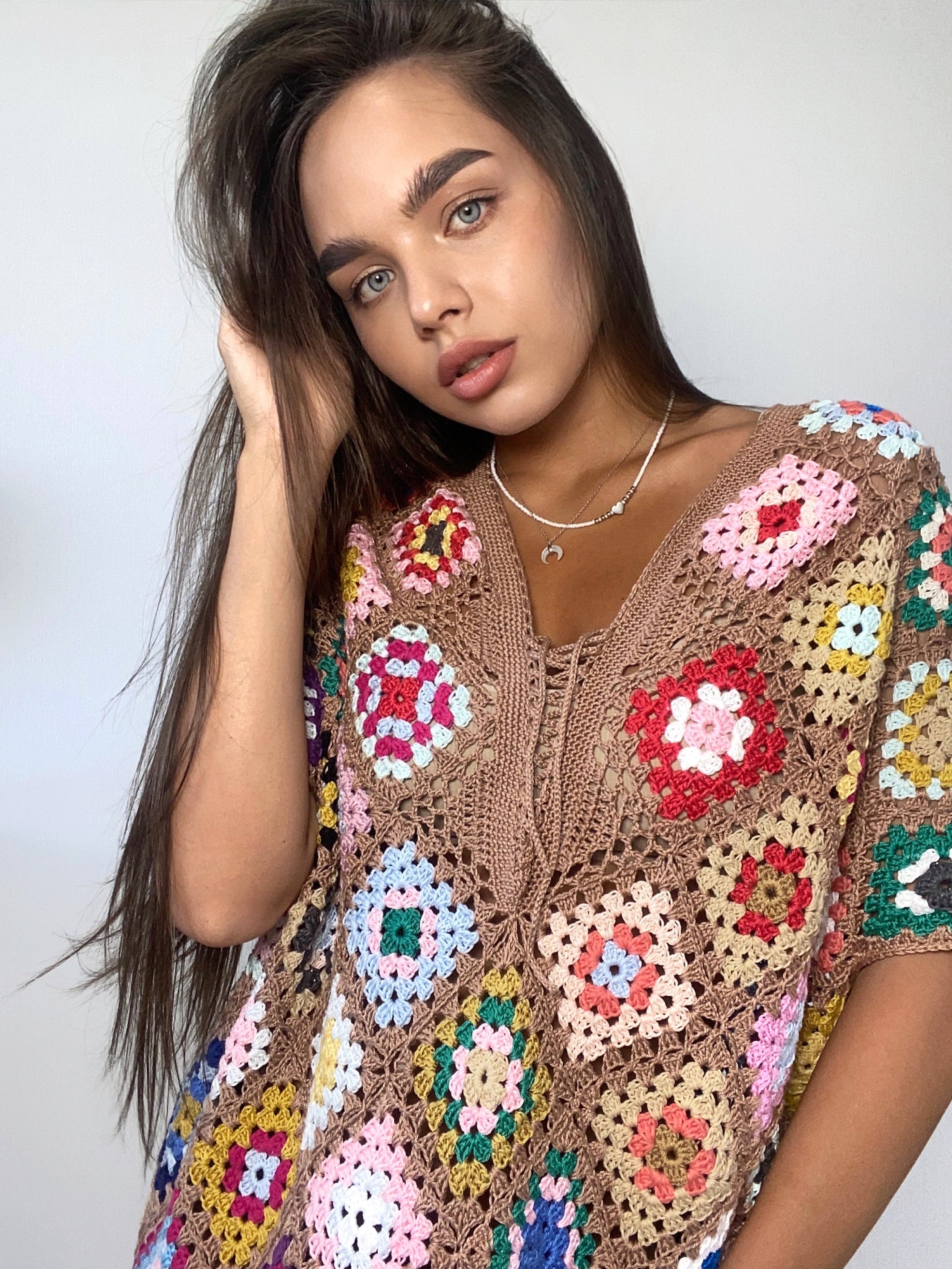 Crochet granny square dresses Crochet afghan dress Boho crochet dress Colorful dress Midi cotton dress Festival Clothing Vintage Style Dres