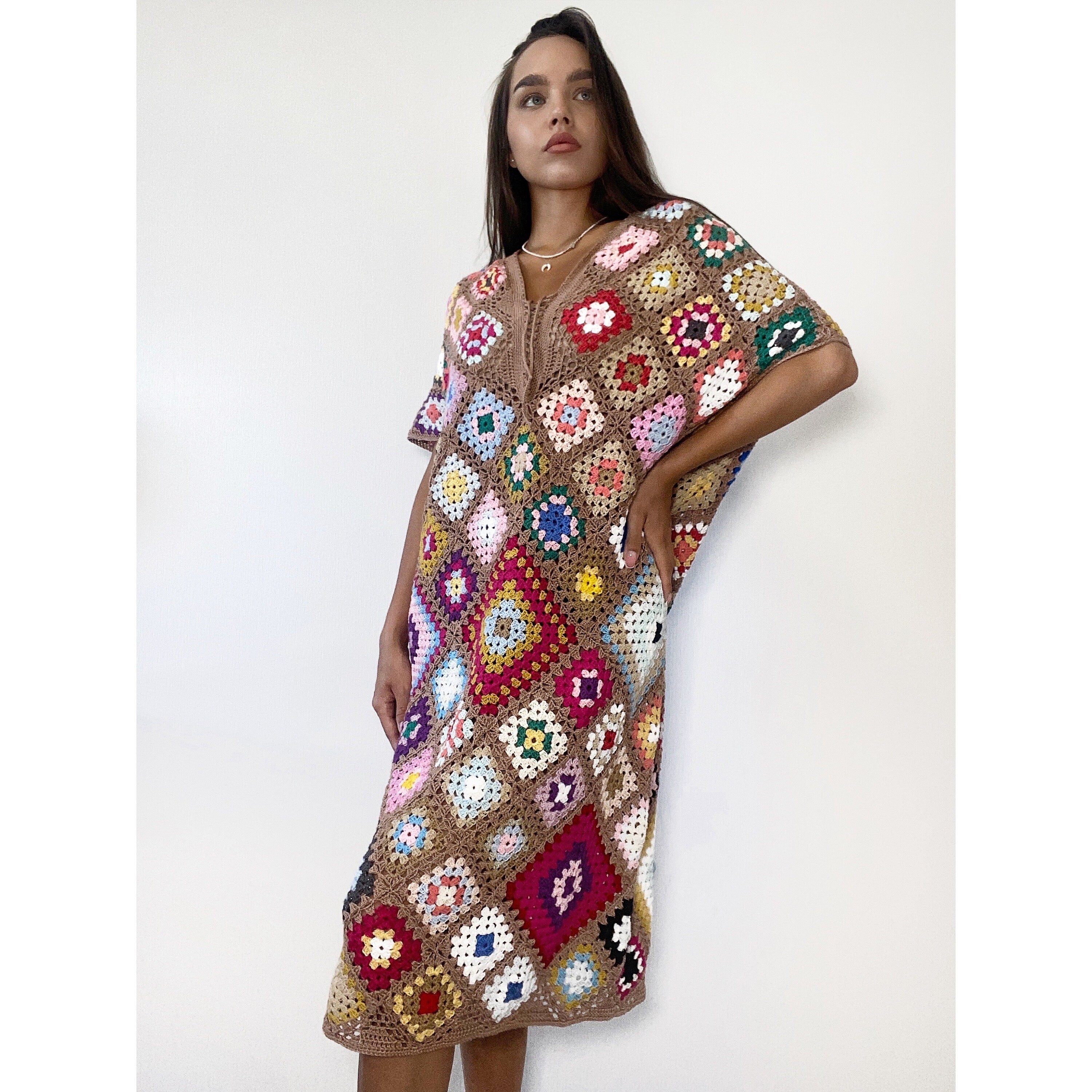 Crochet granny square dresses Crochet afghan dress Boho crochet dress Colorful dress Midi cotton dress Festival Clothing Vintage Style Dres