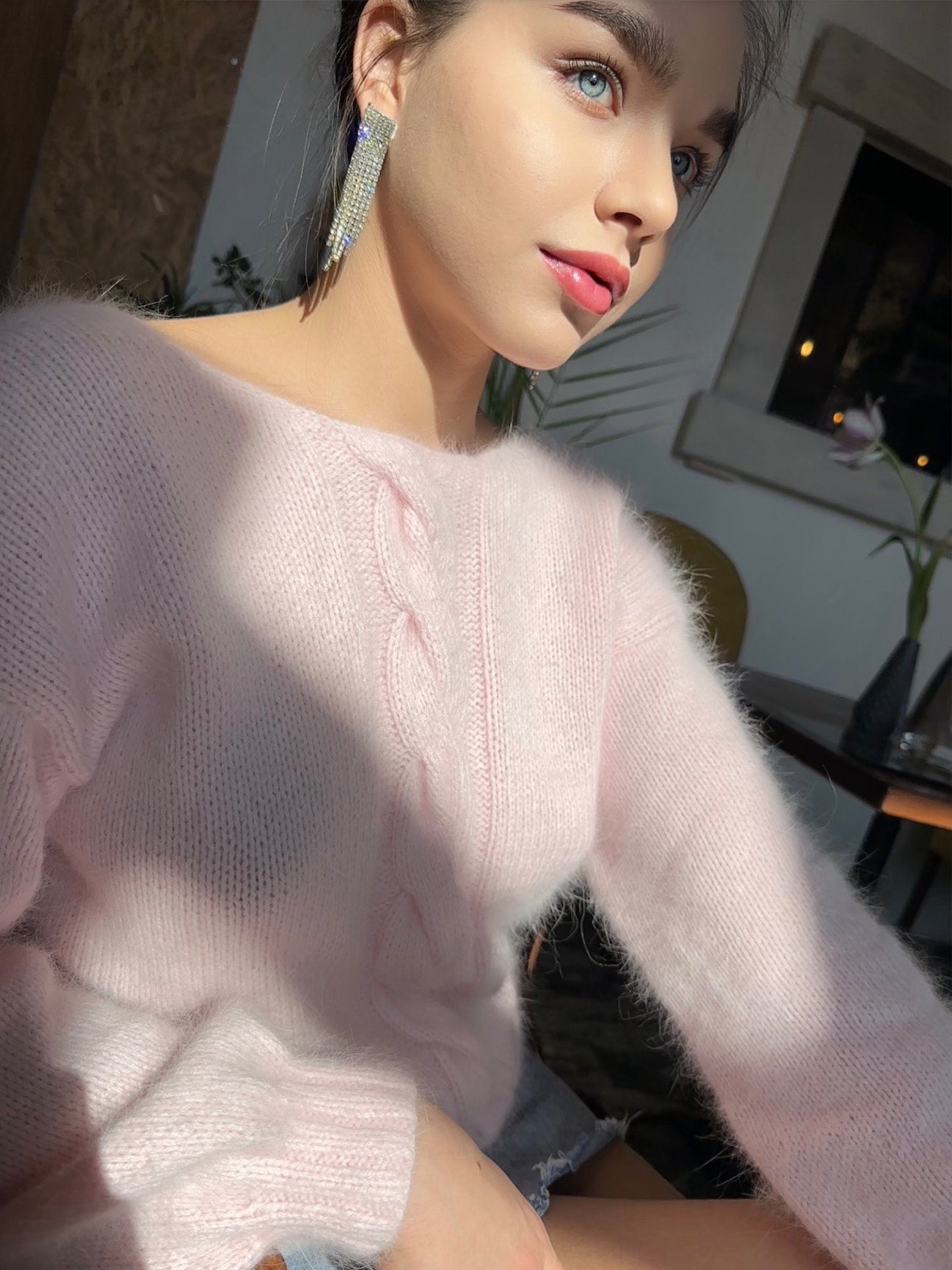 Angora light pink white sweater Open back Deep neckline Pastel fluffy angora pullover Loose fit oversized V-neck Top long sleevs Cozy gift