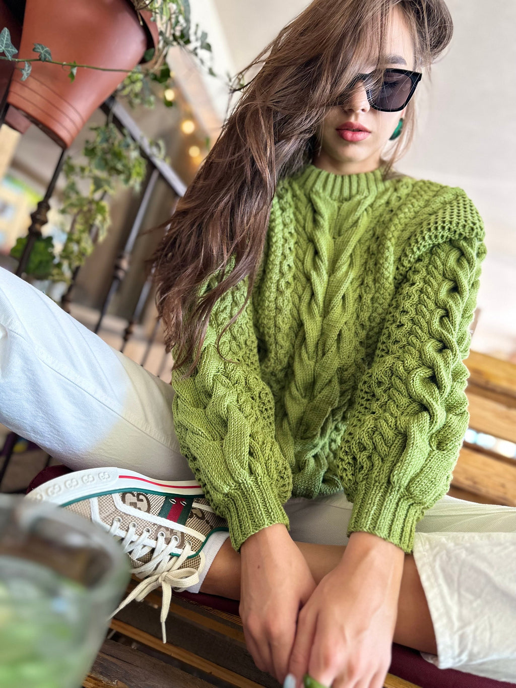 Green Olive Pistachio thick Merino wool knit sweater for women Hand knitted jumper Cable knitting Loose knit Cable knit oversized pullover