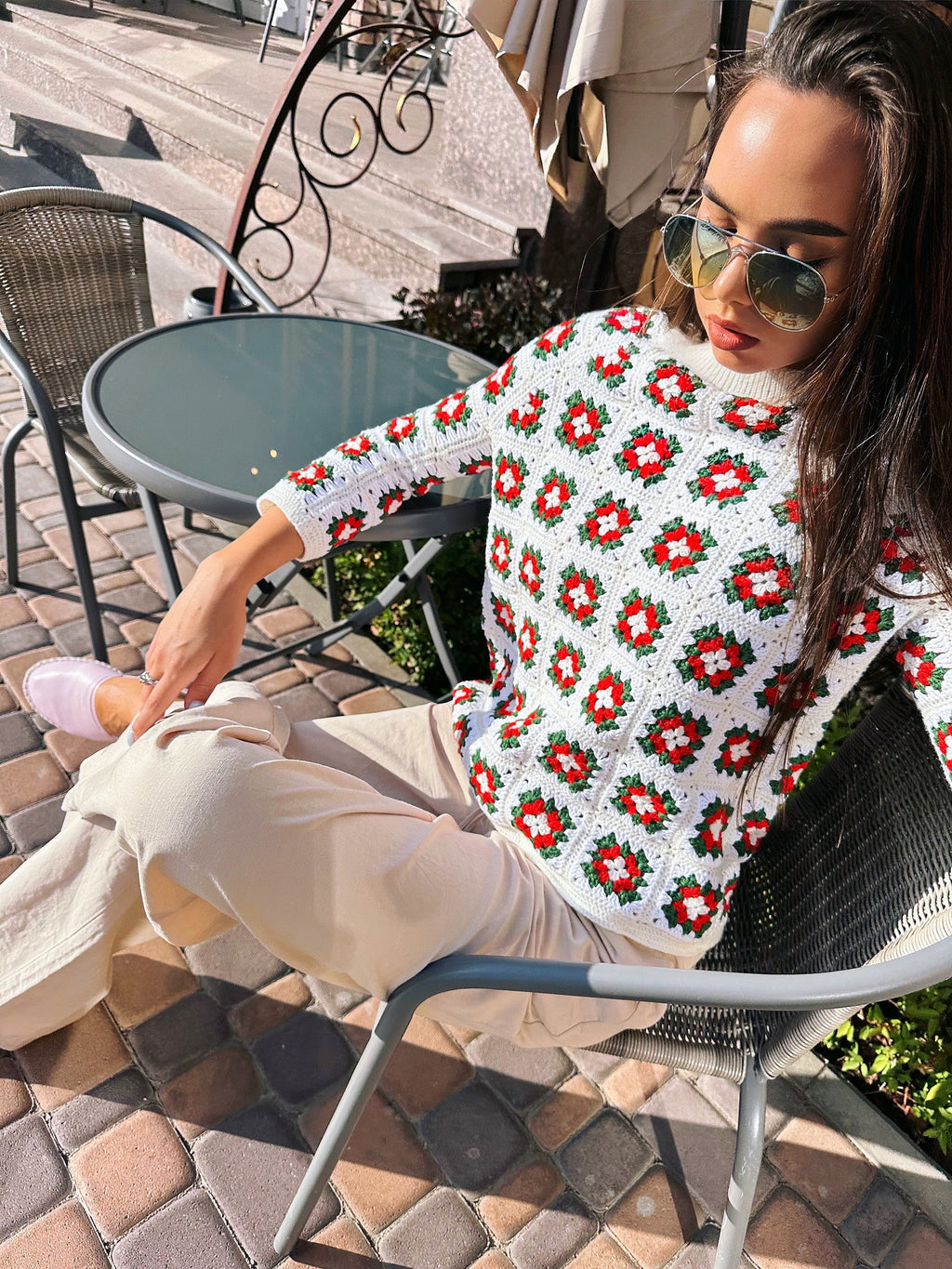 Crochet granny square white red green 3/4 sleeve sweater Top Patchwork pullover Boat collar Сropped sleeves Organic Cotton Sumer sweater