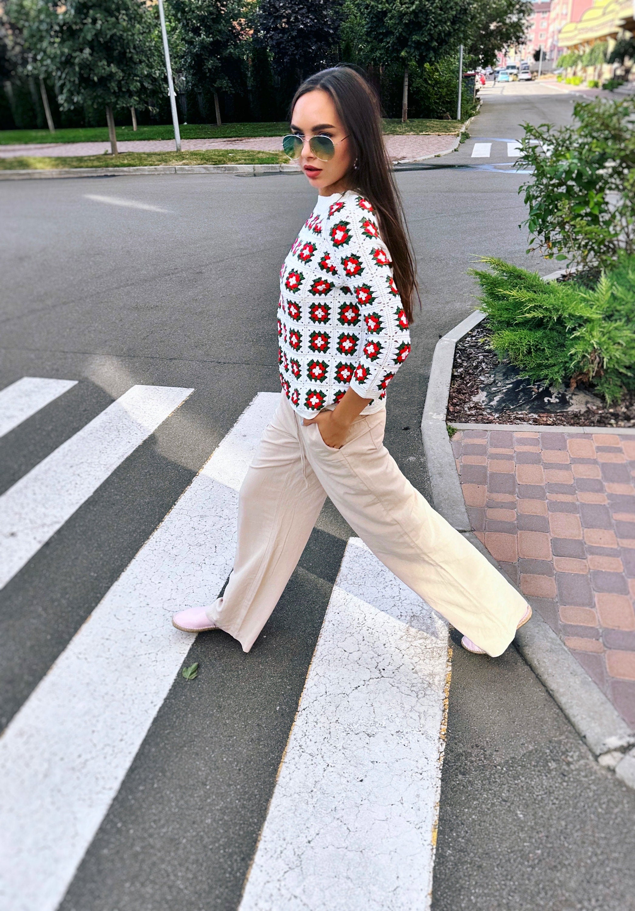 Crochet granny white sweater - Top Patchwork pullover Crochet crop white red green sweater Boat collar Сropped sleeves Cotton Merino wool