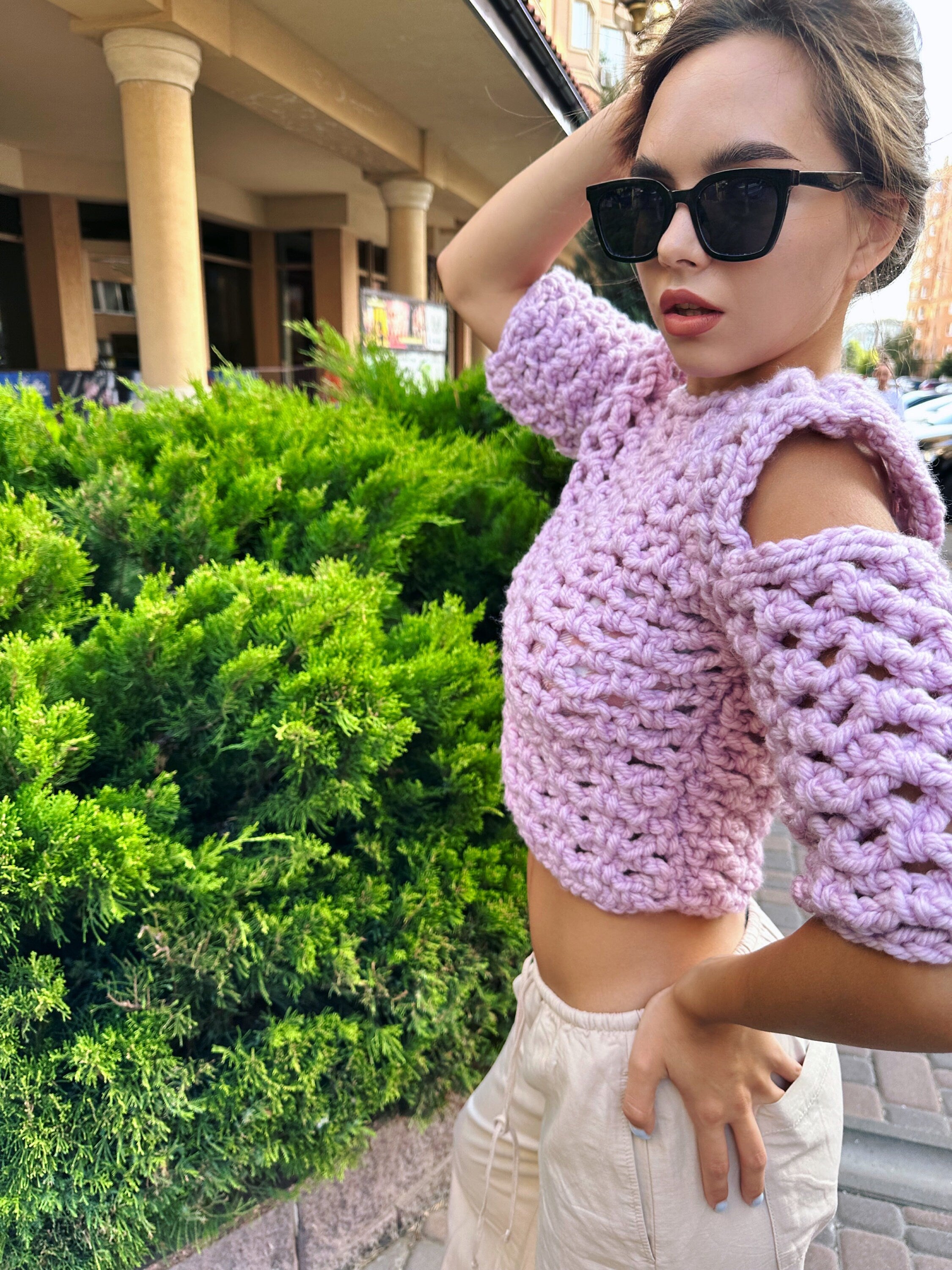 Crochet crop top short Sleeve Crochet Mesh Top Cable knit wool crop sweater Chunky knit short sleeve crop top Loose knit Pink Lilac