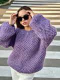 Chunky hand knit alpaca wool soft violet sweater purple Hand knit Pastel sweater Cable knit crop pullover Big cozy sweater for women