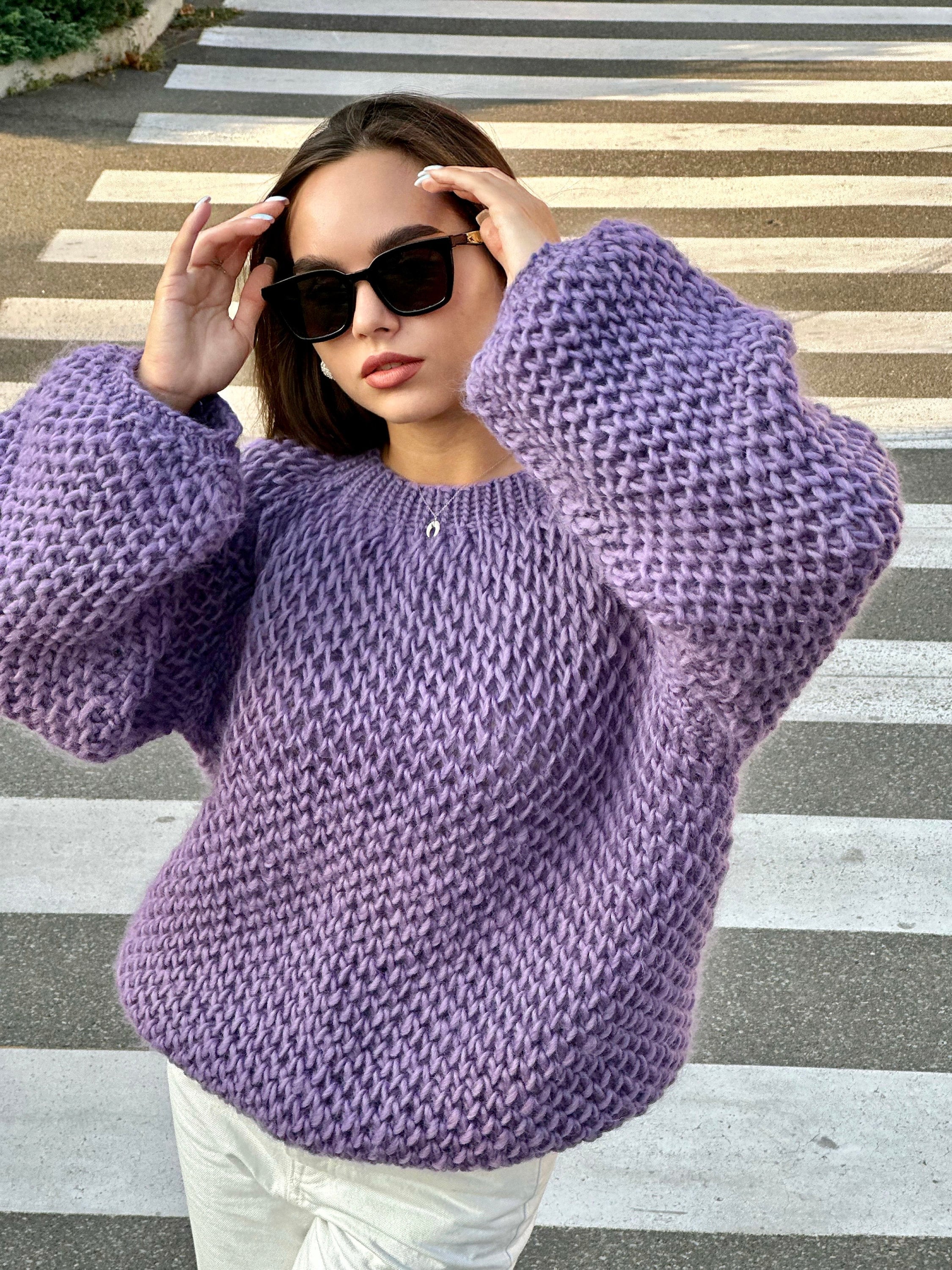 Chunky hand knit alpaca wool soft violet sweater purple Hand knit Pastel sweater Cable knit crop pullover Big cozy sweater for women