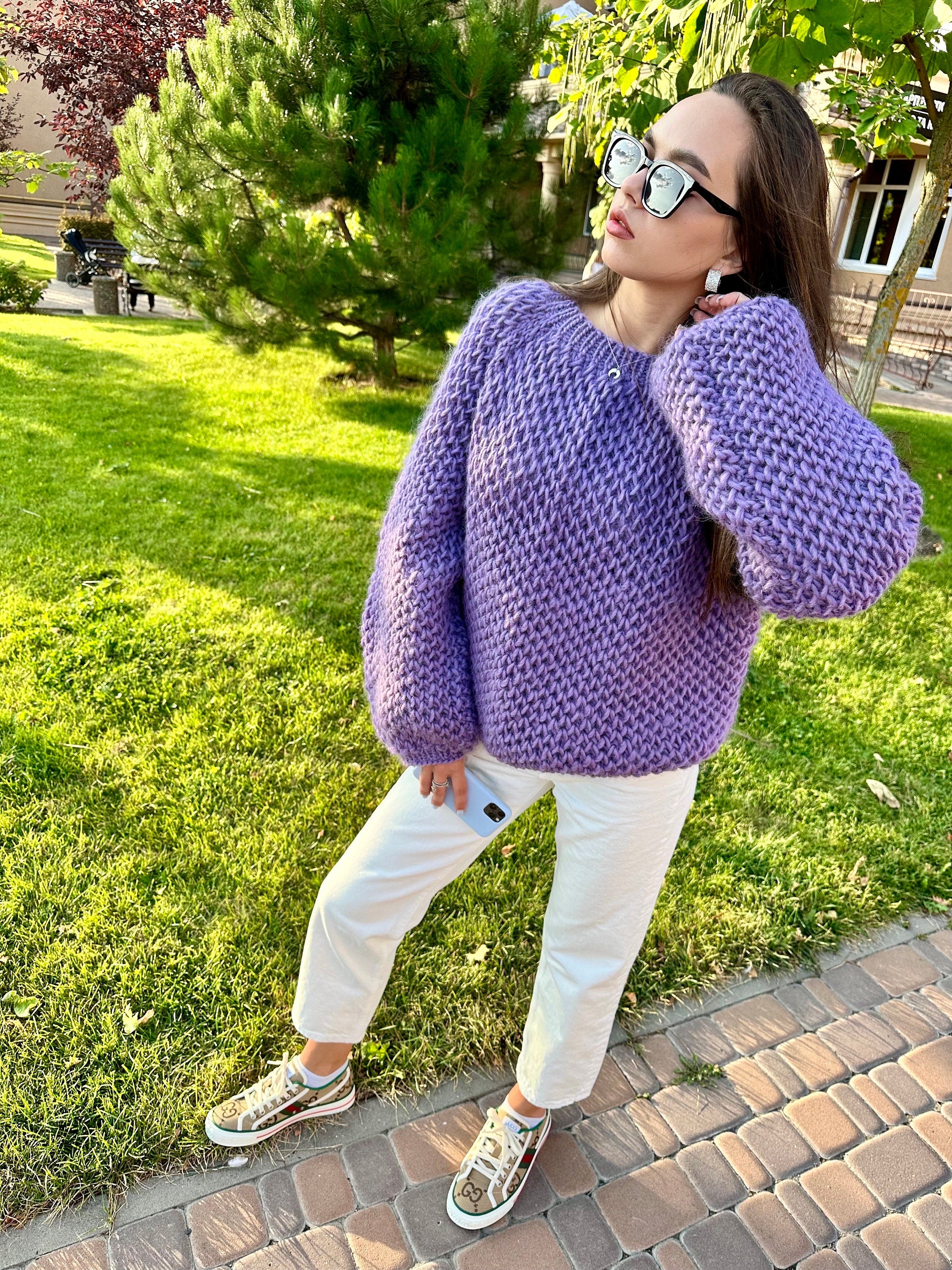 Chunky hand knit alpaca wool soft violet sweater purple Hand knit Pastel sweater Cable knit crop pullover Big cozy sweater for women