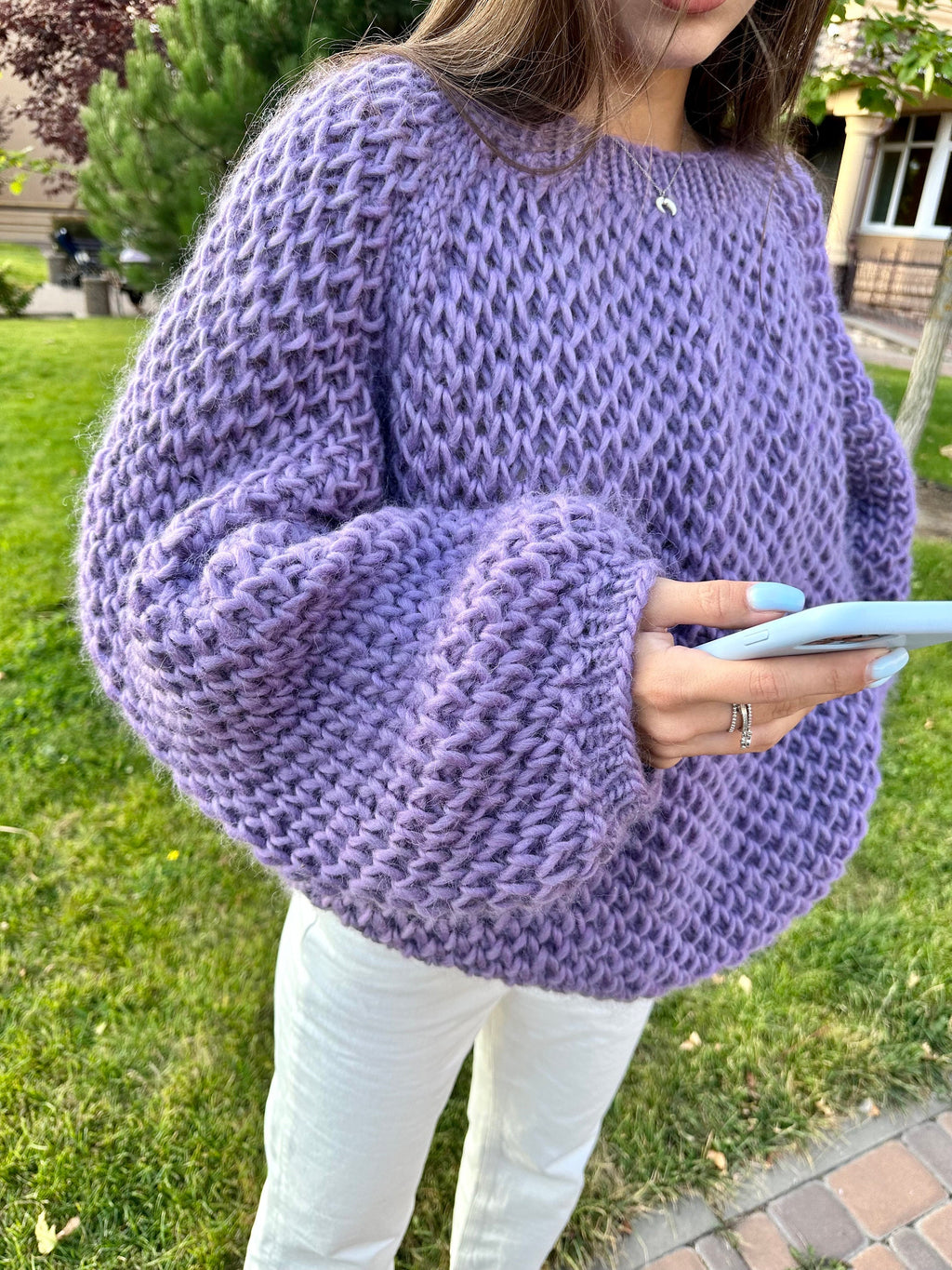 Chunky hand knit alpaca wool soft violet sweater purple Hand knit Pastel sweater Cable knit crop pullover Big cozy sweater for women
