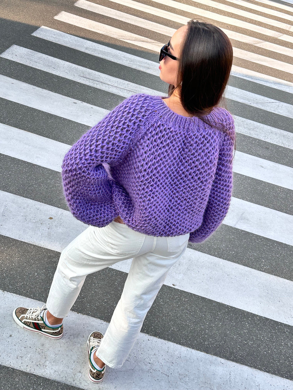 Chunky hand knit alpaca wool soft violet sweater purple Hand knit Pastel sweater Cable knit crop pullover Big cozy sweater for women