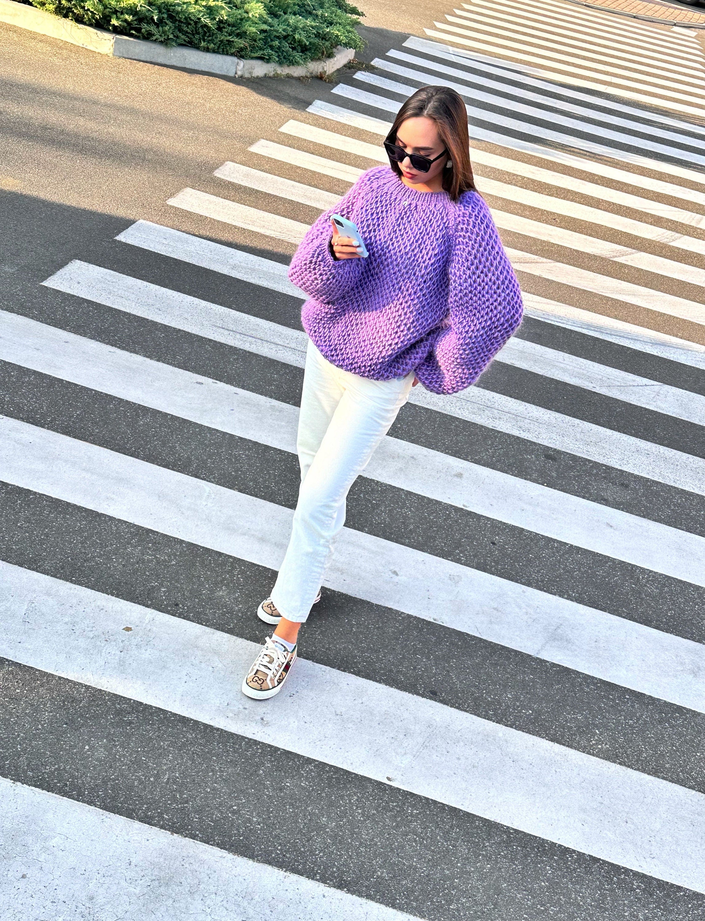 Chunky hand knit alpaca wool soft violet sweater purple Hand knit Pastel sweater Cable knit crop pullover Big cozy sweater for women
