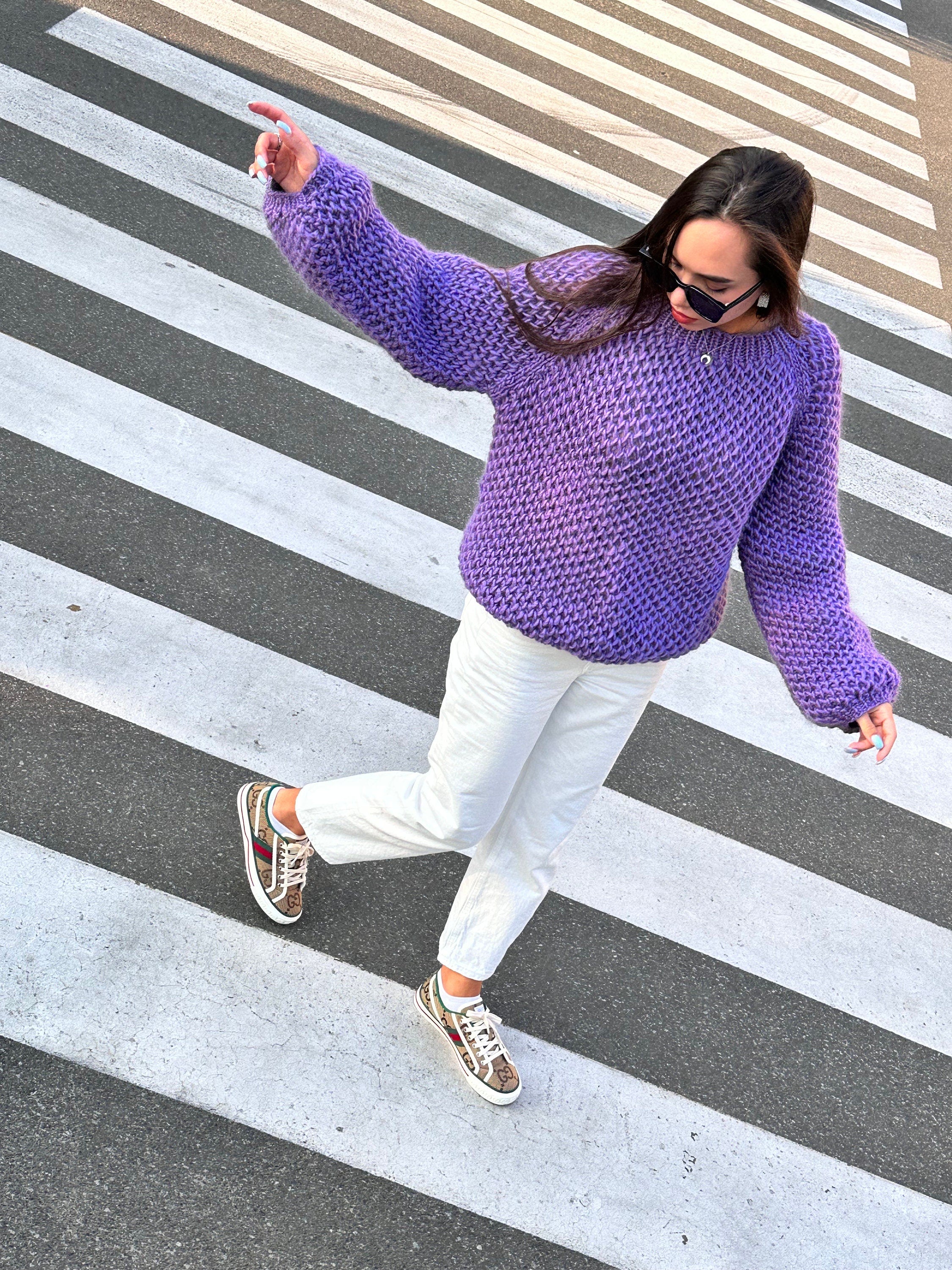 Chunky hand knit alpaca wool soft violet sweater purple Hand knit Pastel sweater Cable knit crop pullover Big cozy sweater for women