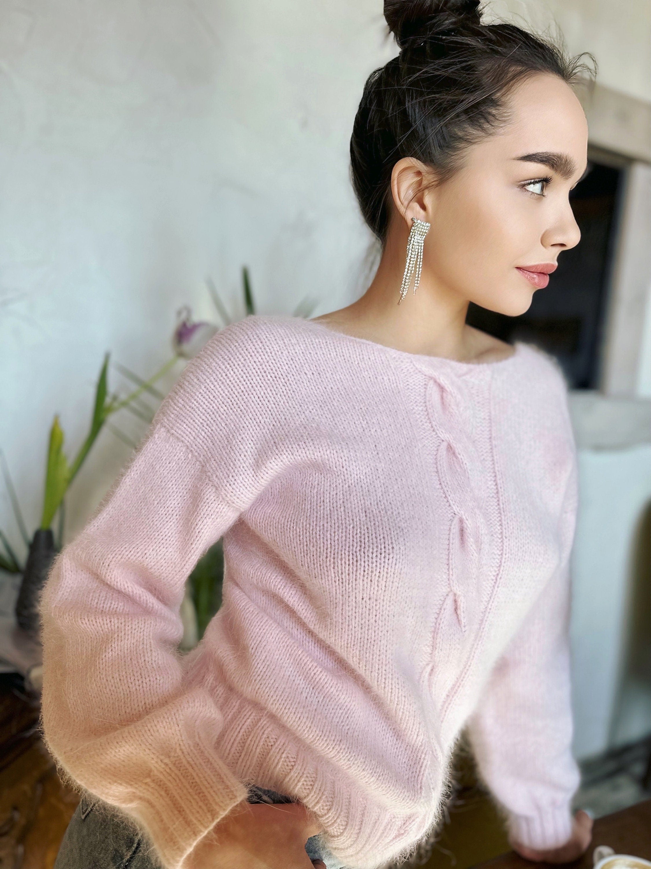Angora light pink hand knit sweater Open back Deep neckline Pastel fluffy angora pullover Loose fit oversized V-neck long sleevs
