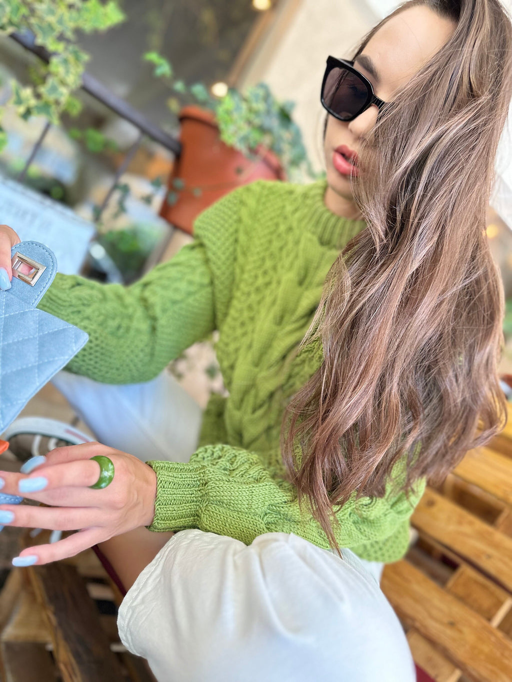 Green Olive Pistachio thick Merino wool knit sweater for women Hand knitted jumper Cable knitting Loose knit Cable knit oversized pullover