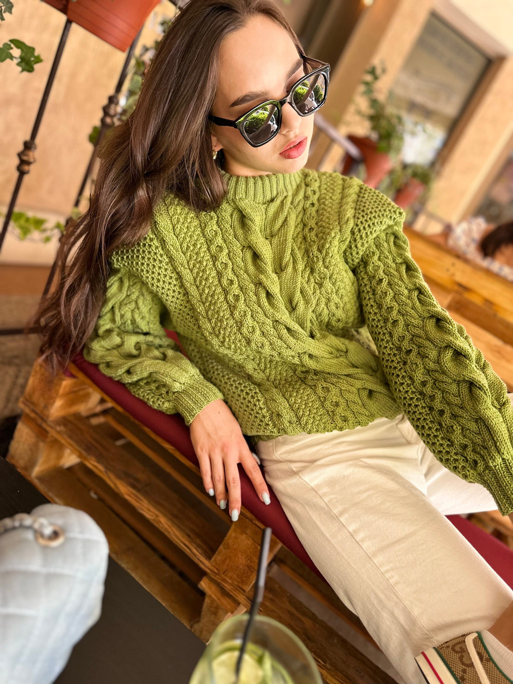 Green Olive Pistachio thick Merino wool knit sweater for women Hand knitted jumper Cable knitting Loose knit Cable knit oversized pullover